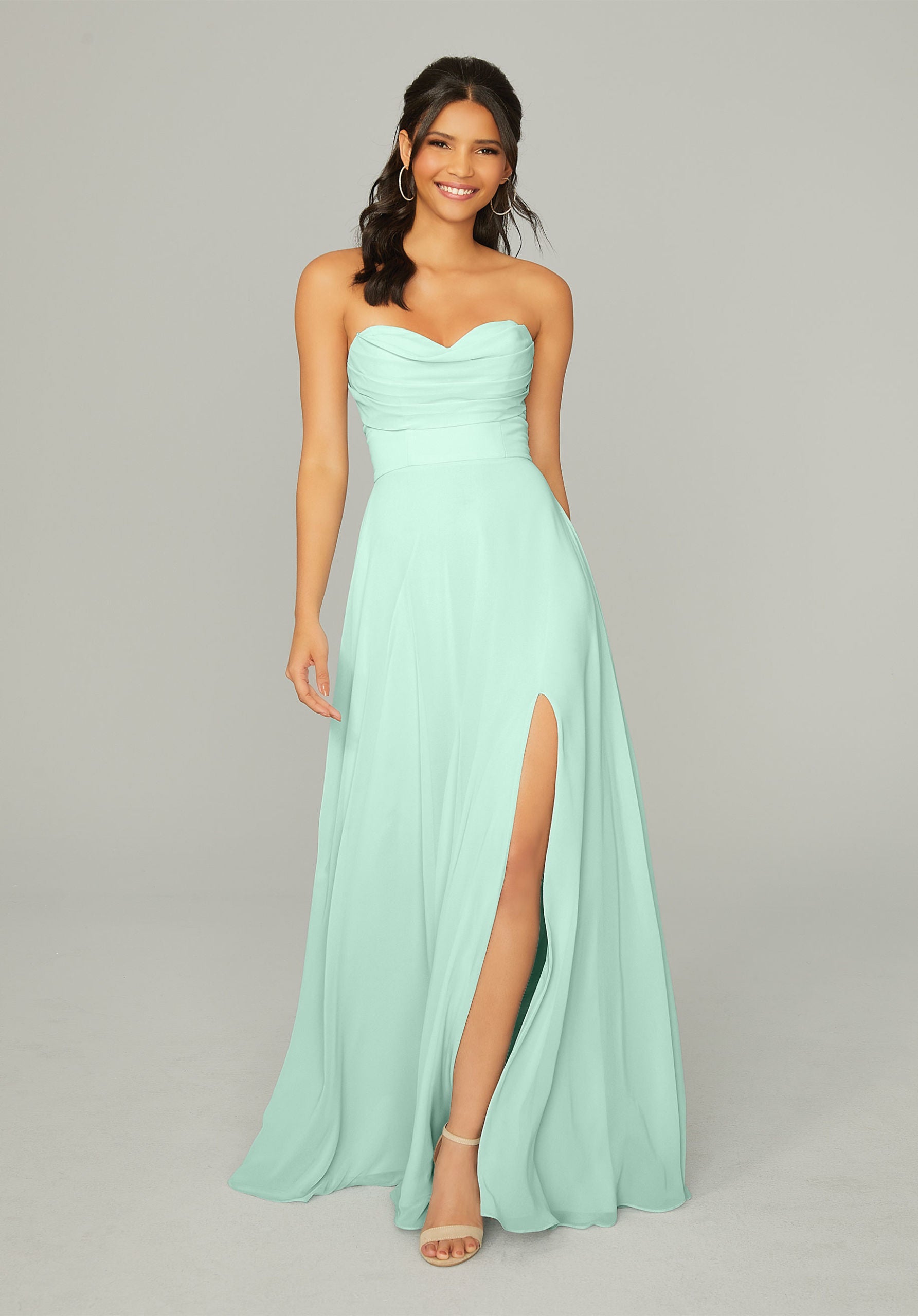 Formal Dresses Long Formal Slit A Line Pleated Dress MGNY Madeline Gardner New York 21766 Mint