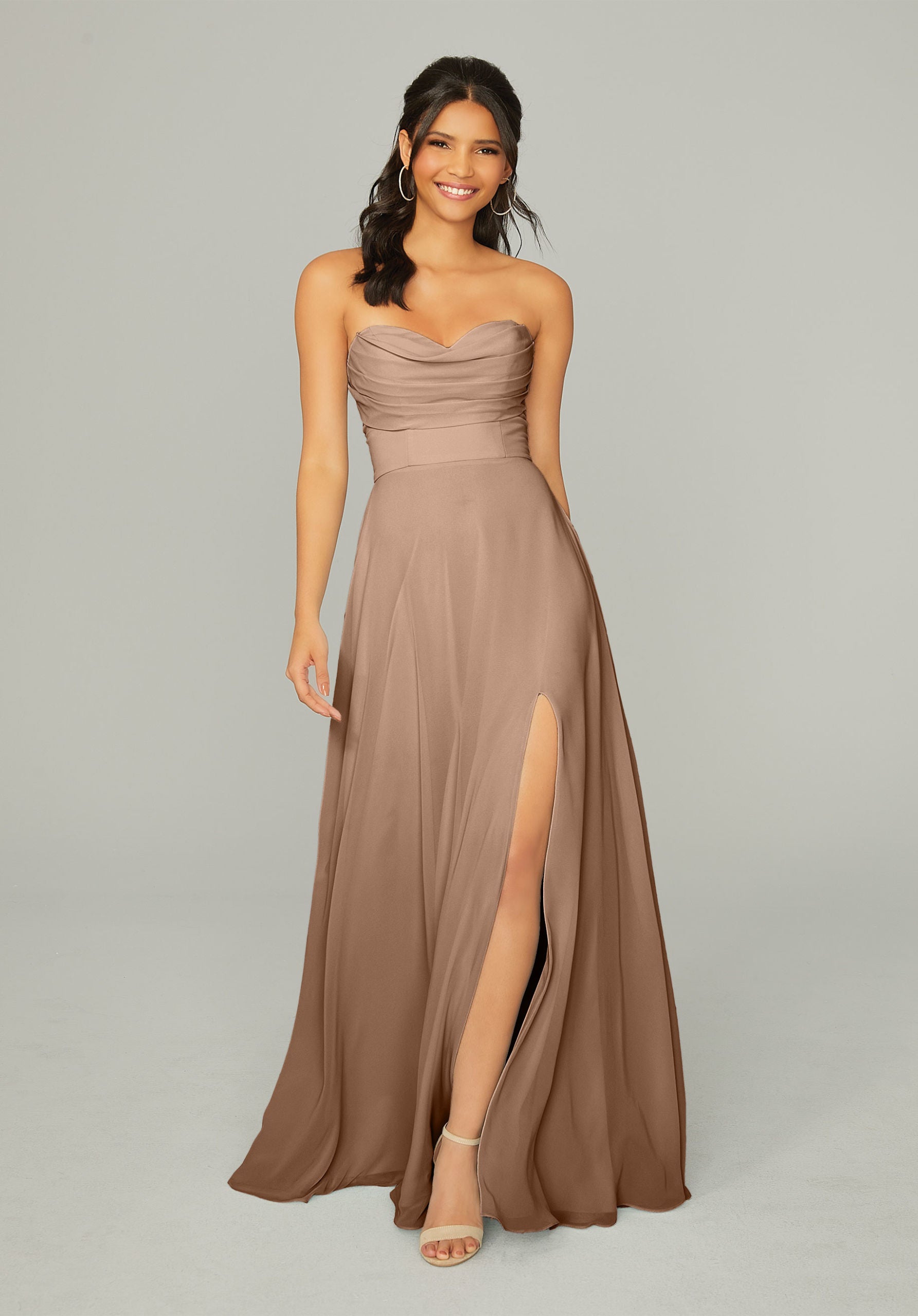 Formal Dresses Long Formal Slit Pleated A Line Dress MGNY Madeline Gardner New York 21766 Fawn