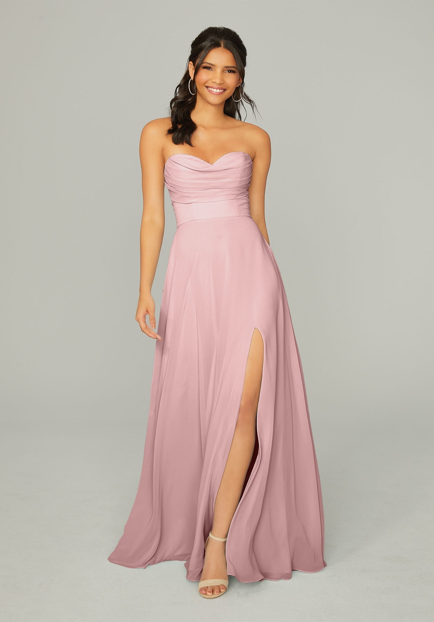 Formal Dresses Long Formal A Line Slit Pleated Dress MGNY Madeline Gardner New York 21766 Desert Rose