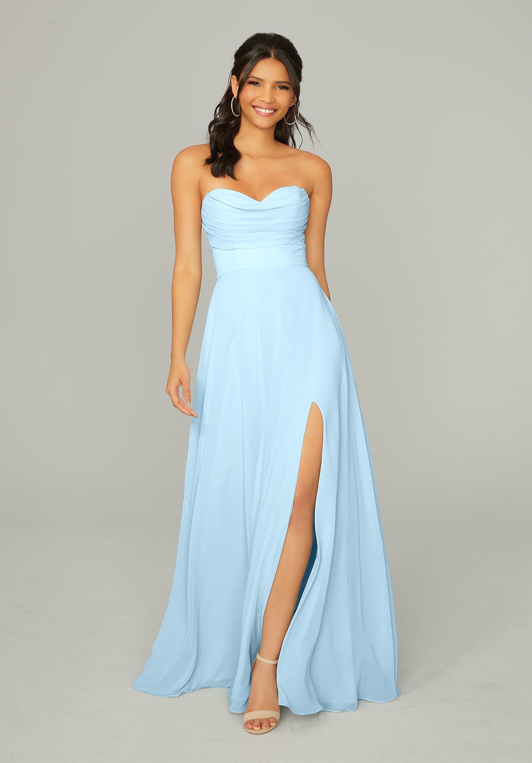 Formal Dresses Long Pleated Formal A Line Slit Dress MGNY Madeline Gardner New York 21766 Sky