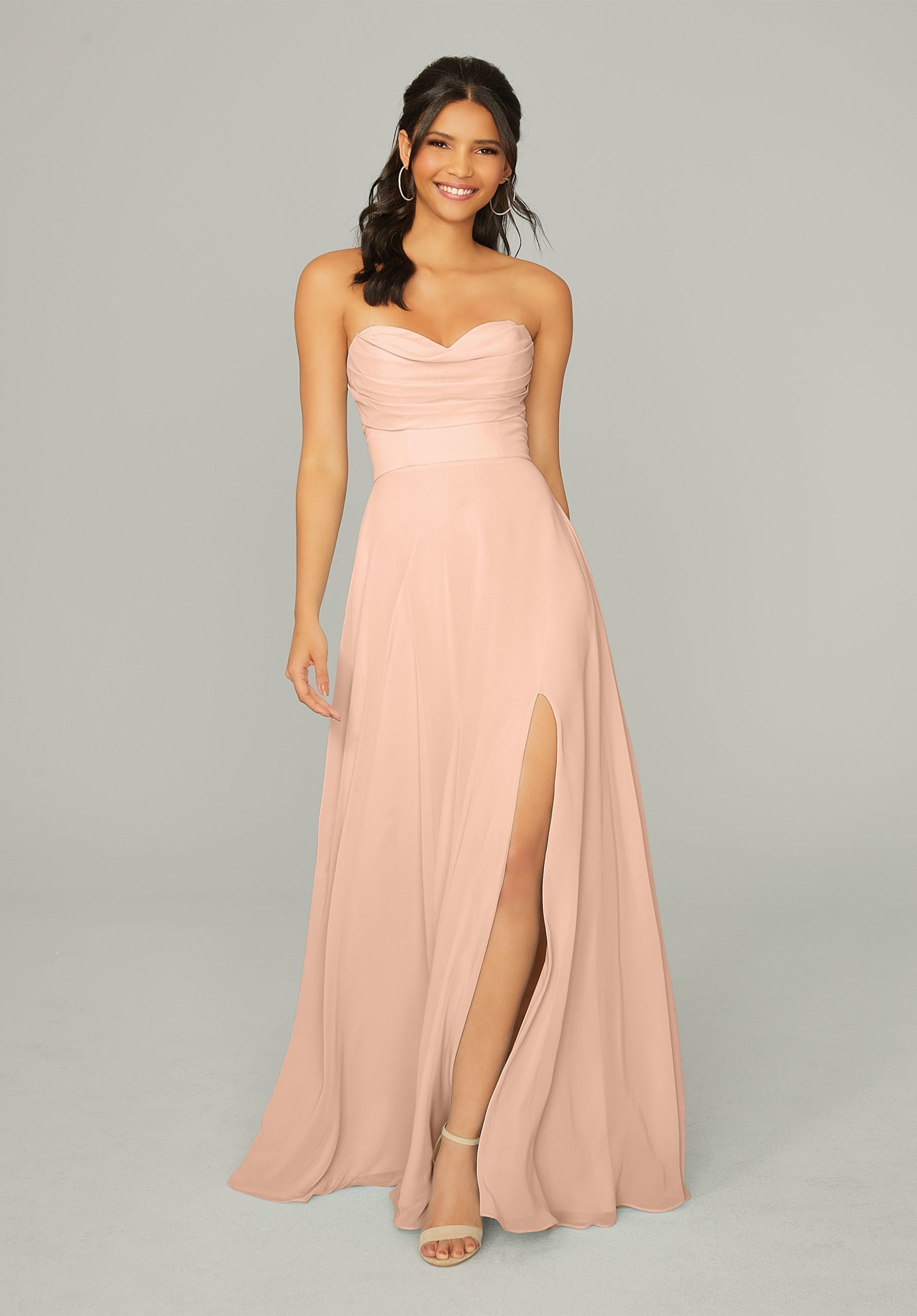 Formal Dresses Long Formal Pleated Slit A Line Dress MGNY Madeline Gardner New York 21766 Blush