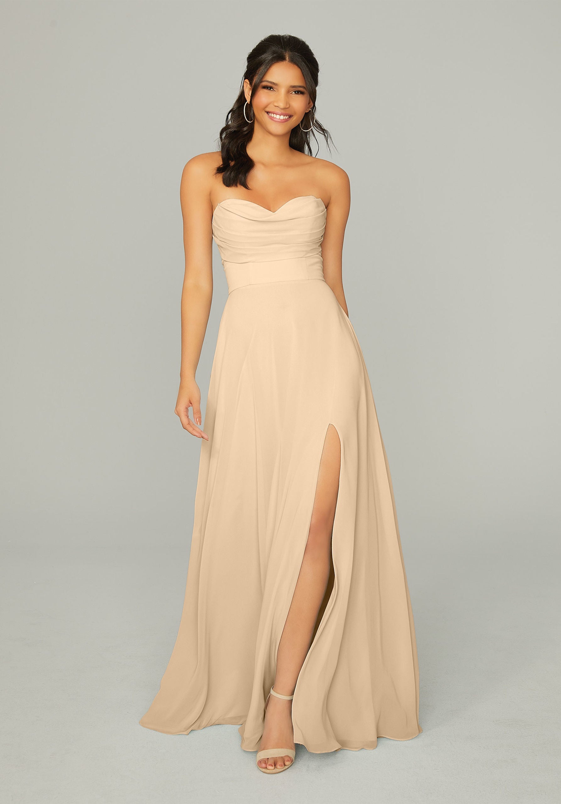 Formal Dresses Long Formal A Line Pleated Slit Dress MGNY Madeline Gardner New York 21766 Champagne