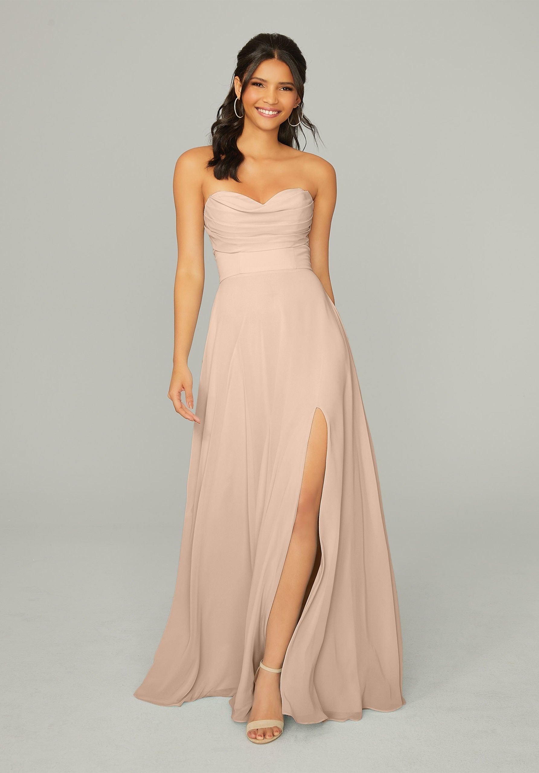 Formal Dresses Long Formal Slit A Line Pleated Dress MGNY Madeline Gardner New York 21766 Latte