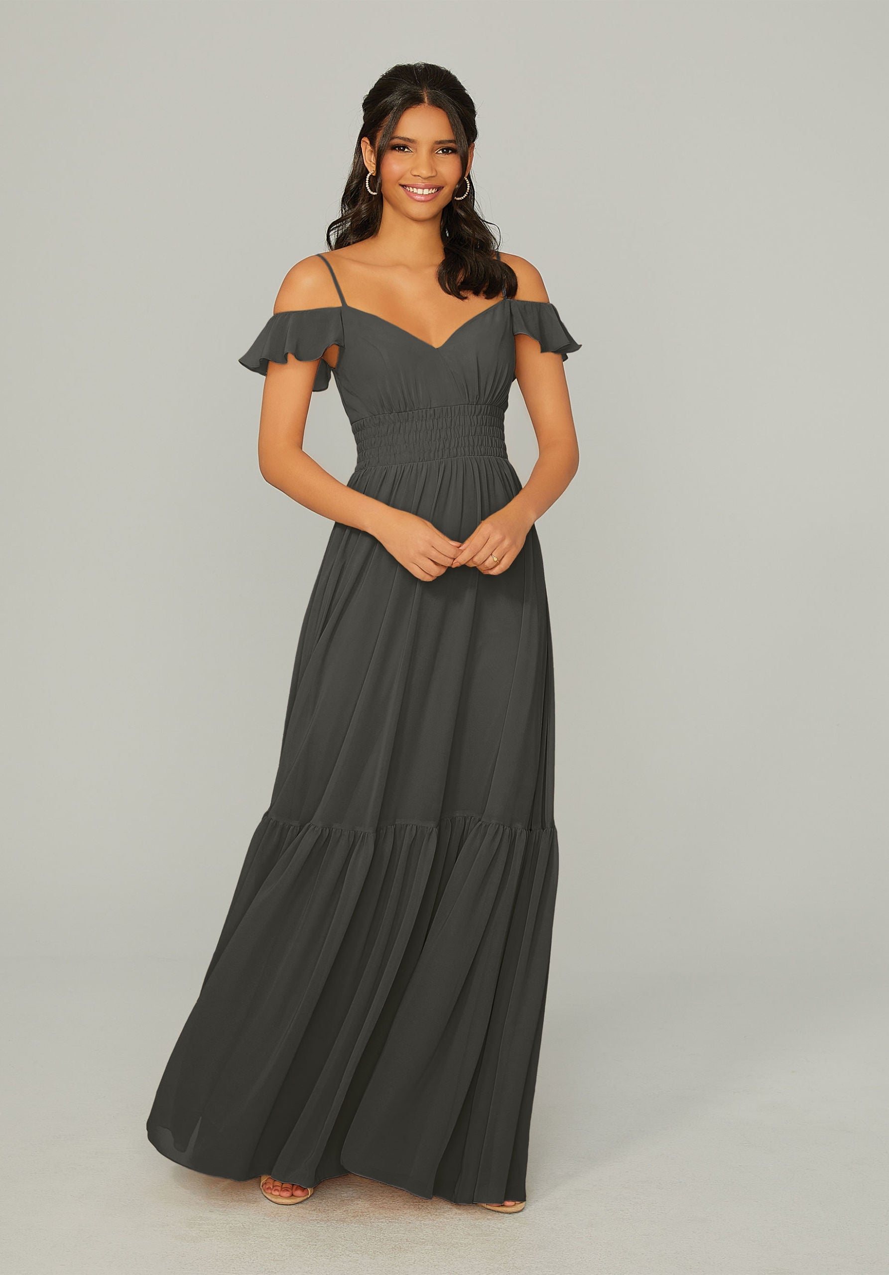 Formal Dresses A Line Ruffle Long Formal Dress MGNY Madeline Gardner New York 21768 Charcoal