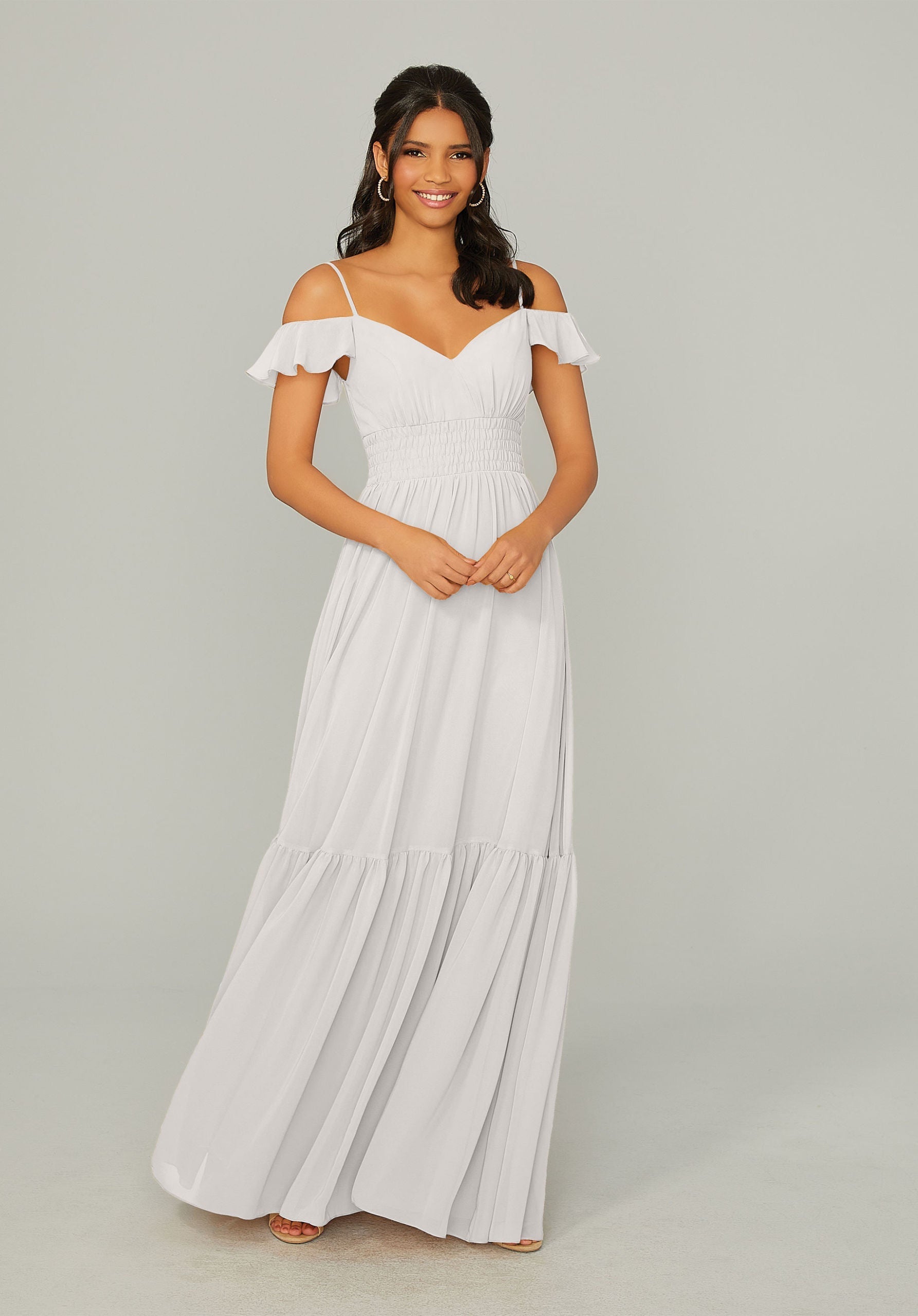 Formal Dresses Formal A Line Ruffle Long Dress MGNY Madeline Gardner New York 21768 Silver