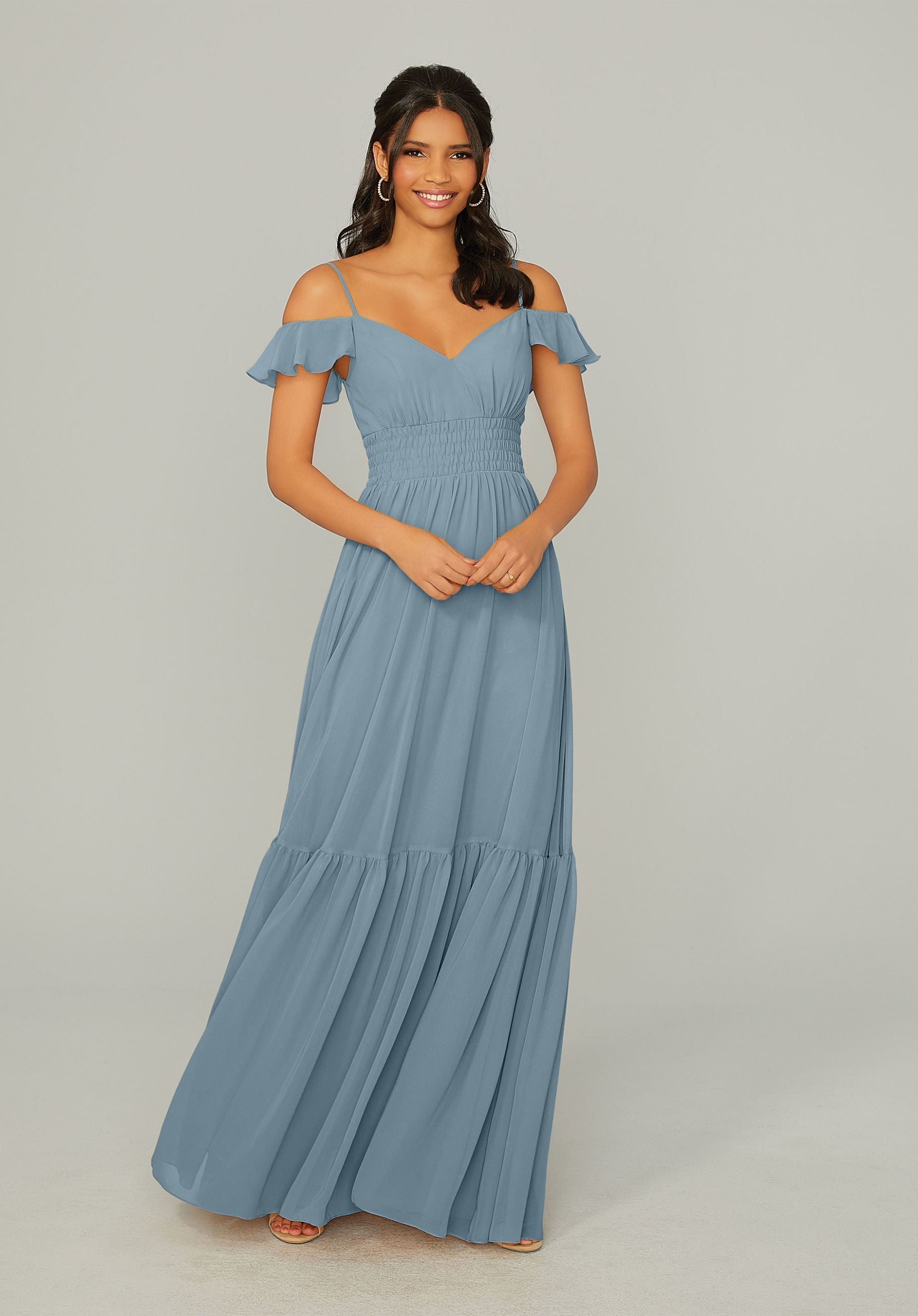 Formal Dresses Formal A Line Ruffle Long Dress MGNY Madeline Gardner New York 21768 Slate