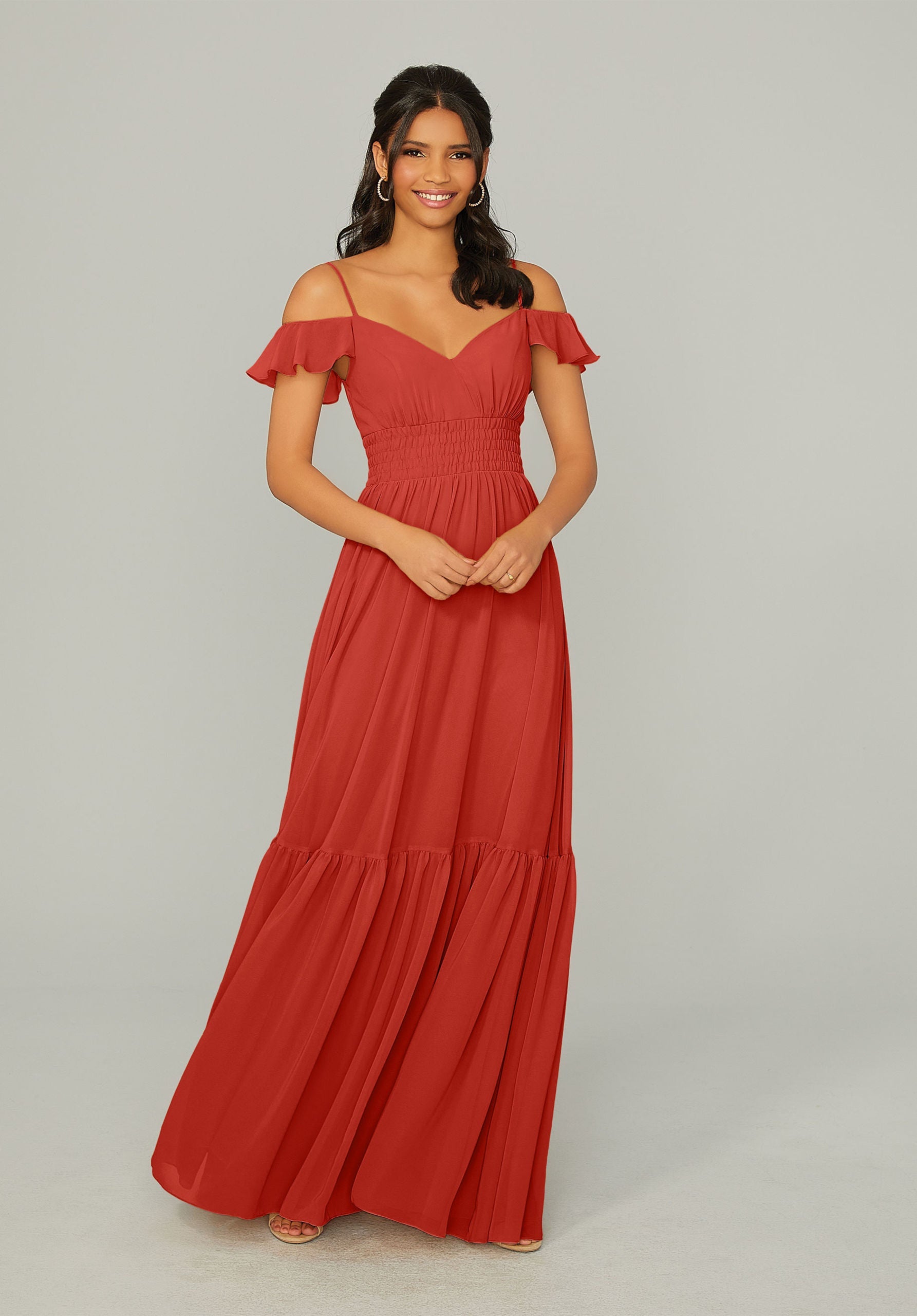 Formal Dresses A Line Ruffle Long Formal Dress MGNY Madeline Gardner New York 21768 Cinnamon