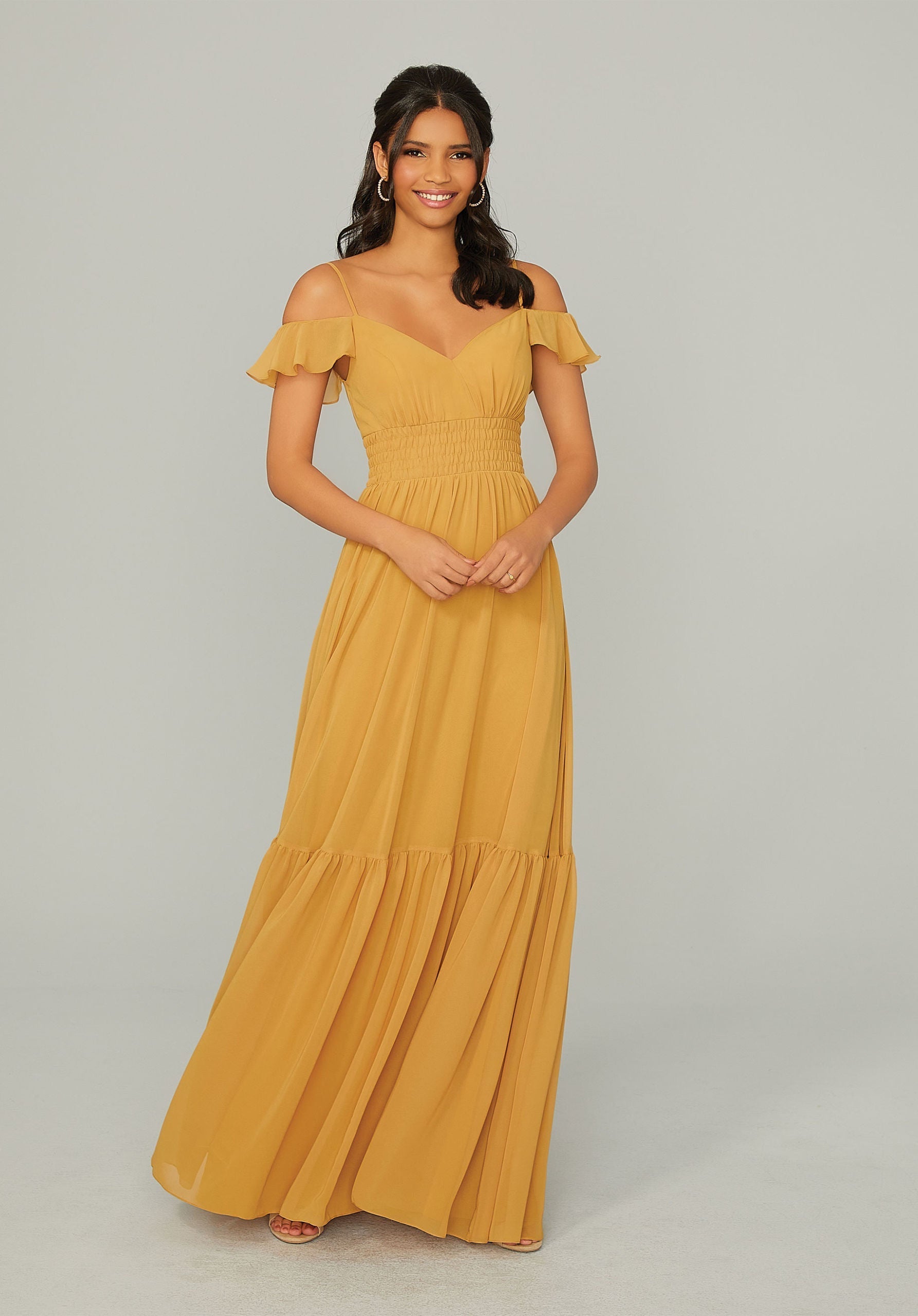 Formal Dresses Long Formal Ruffle A Line Dress MGNY Madeline Gardner New York 21768 Saffron