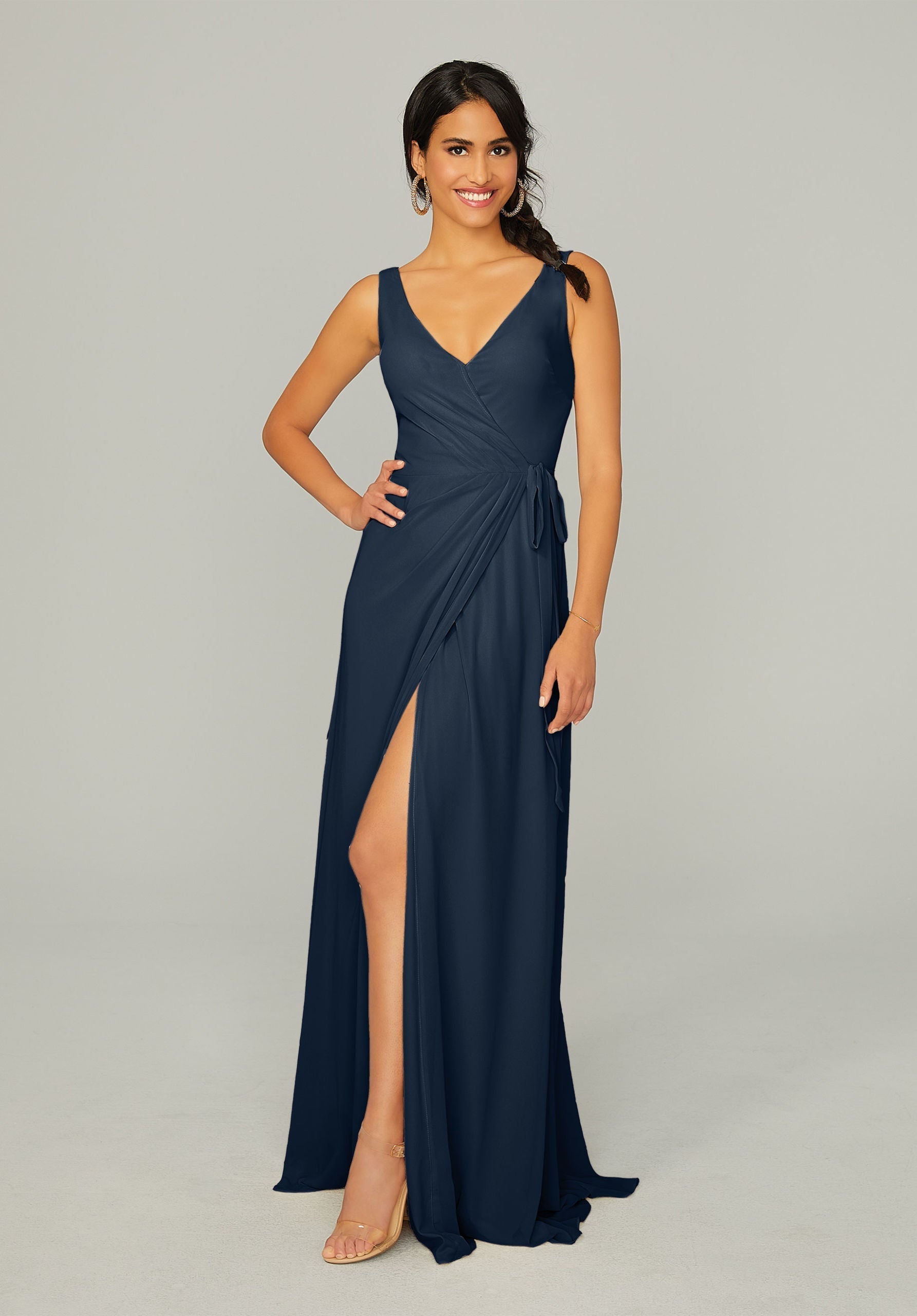 Formal Dresses Long Formal Pleated Slit Dress MGNY Madeline Gardner New York 21771 Navy