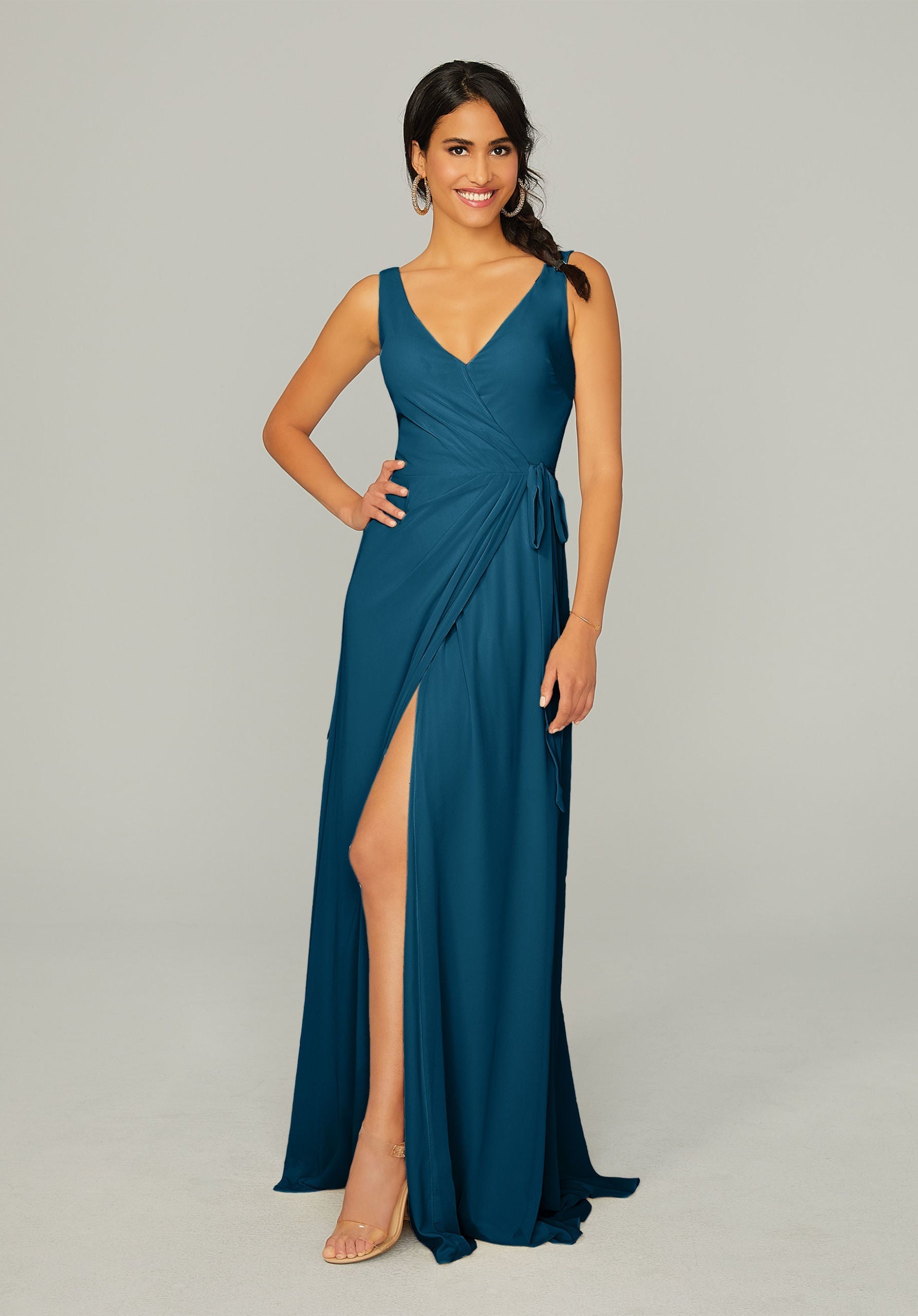 Formal Dresses Long Formal Pleated Slit Dress MGNY Madeline Gardner New York 21771 Marine