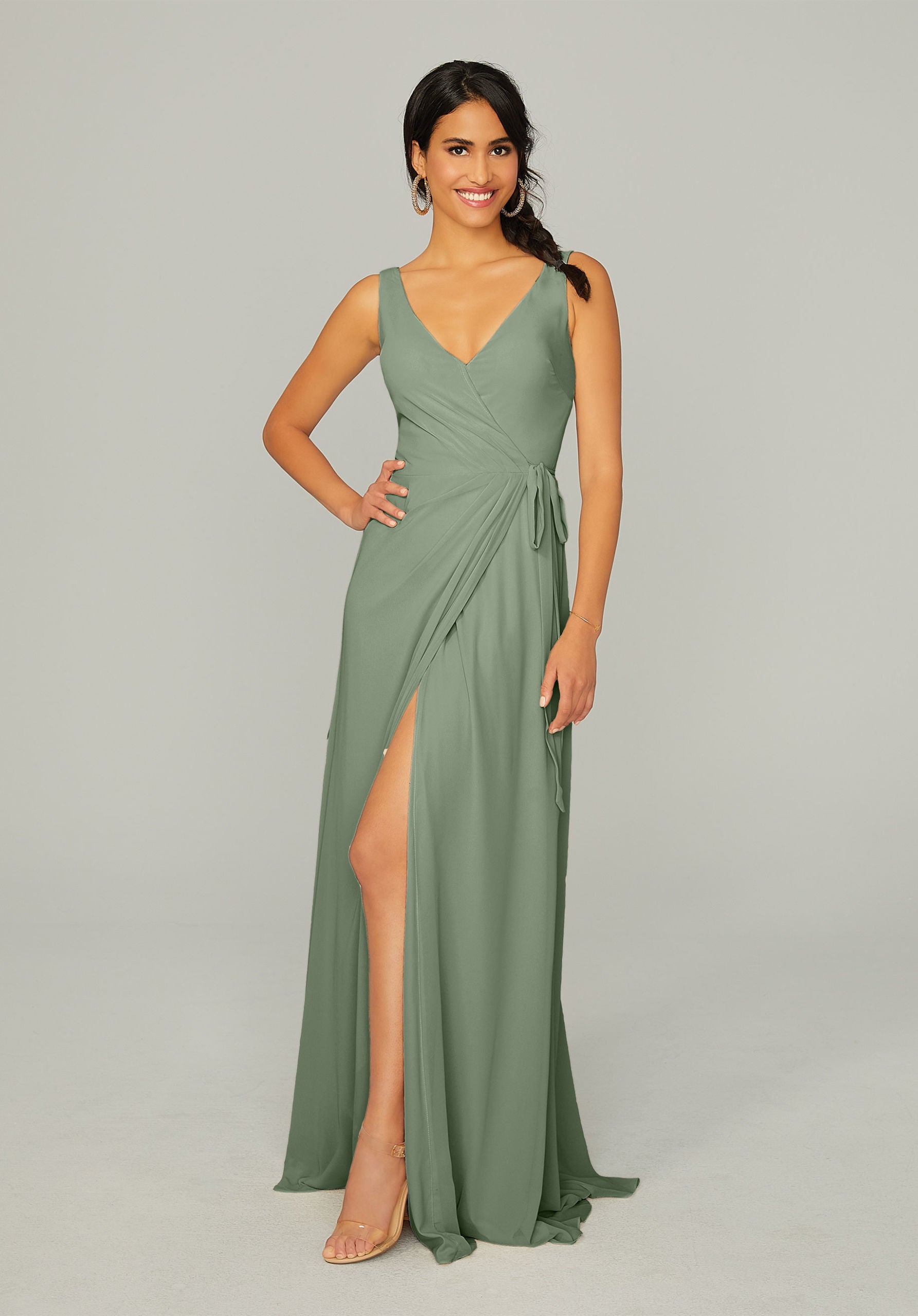 Formal Dresses Long Formal Pleated Slit Dress MGNY Madeline Gardner New York 21771 Moss