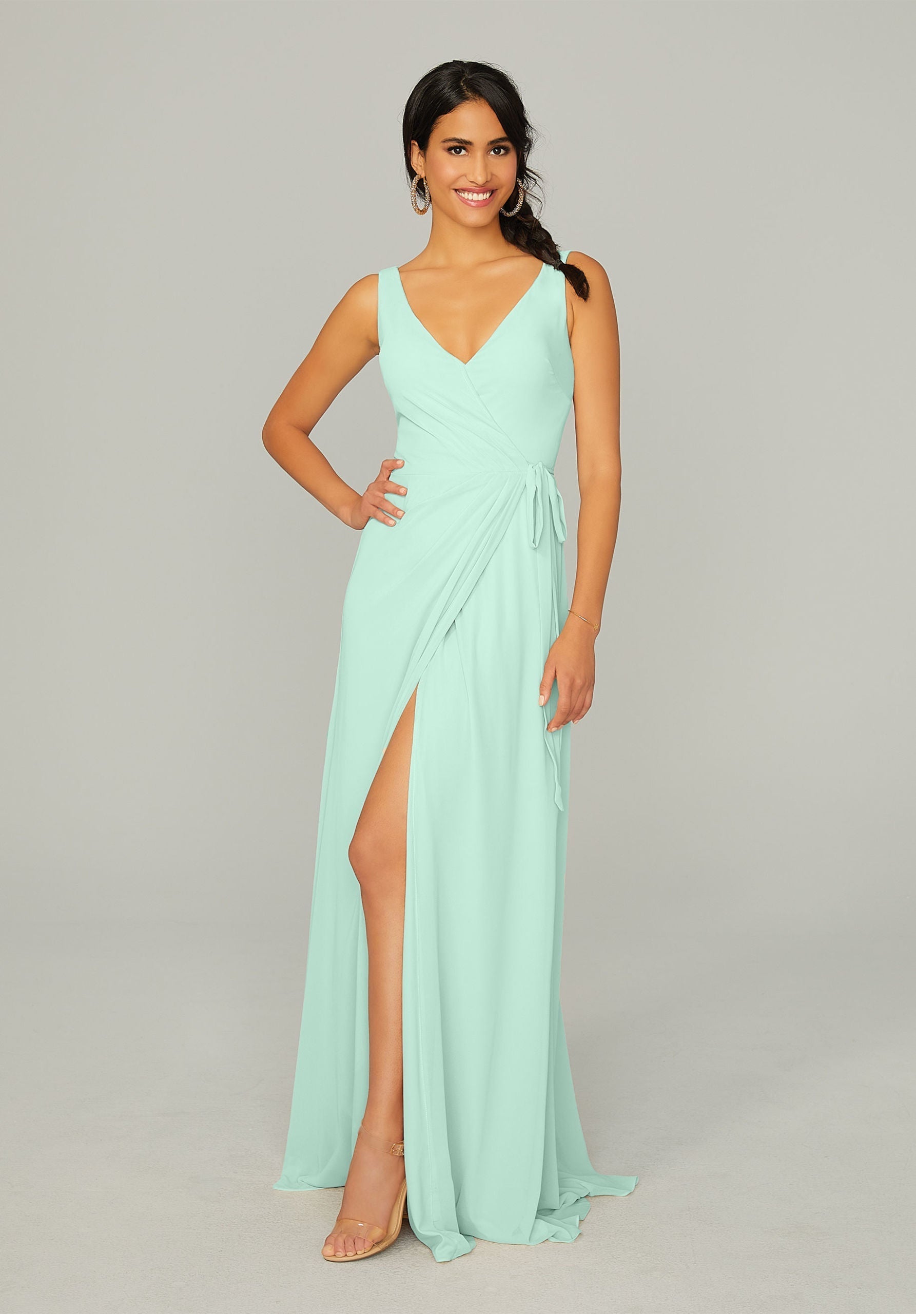 Formal Dresses Long Formal Pleated Slit Dress MGNY Madeline Gardner New York 21771 Mint