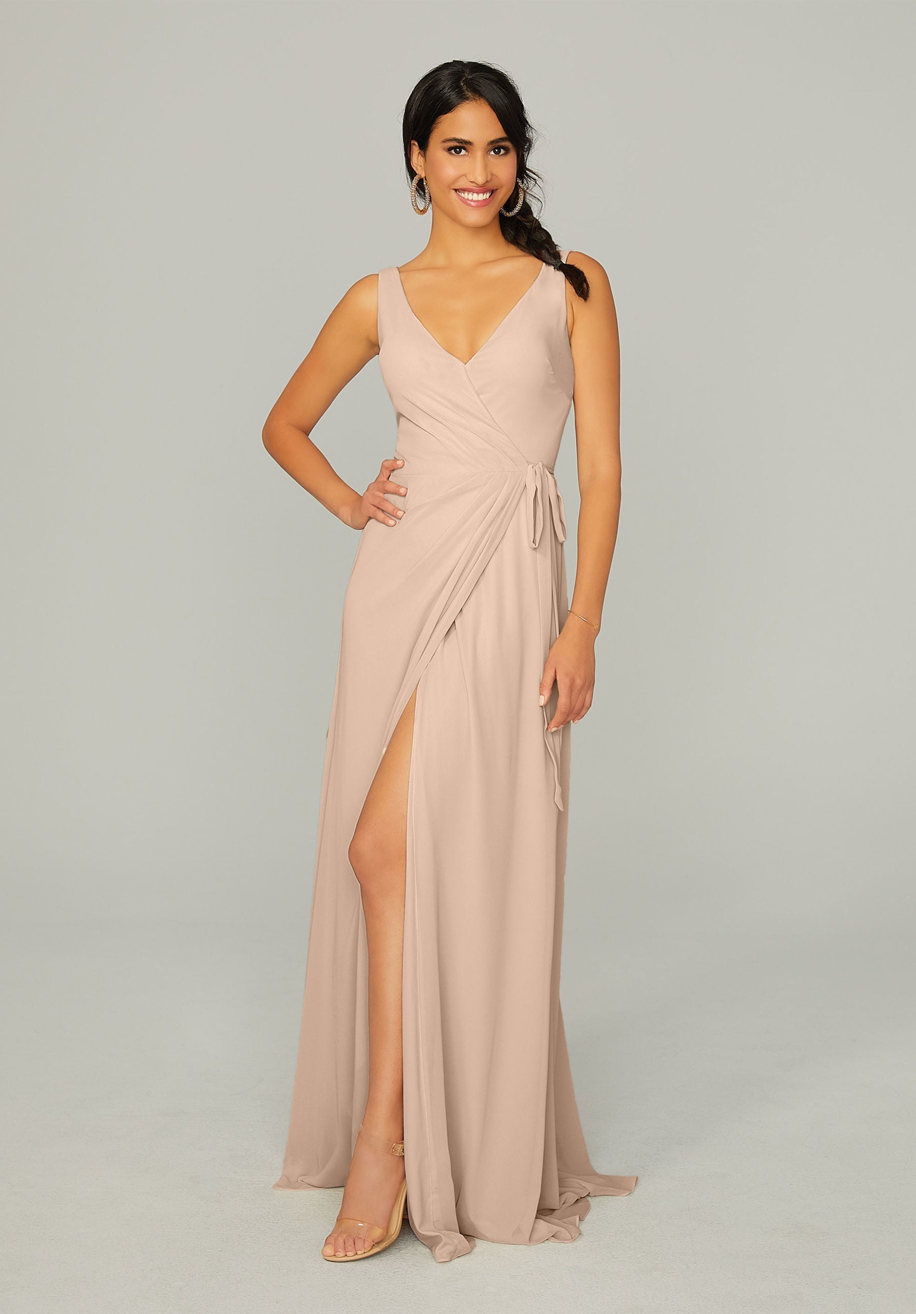 Formal Dresses Long Formal Pleated Slit Dress MGNY Madeline Gardner New York 21771 Latte