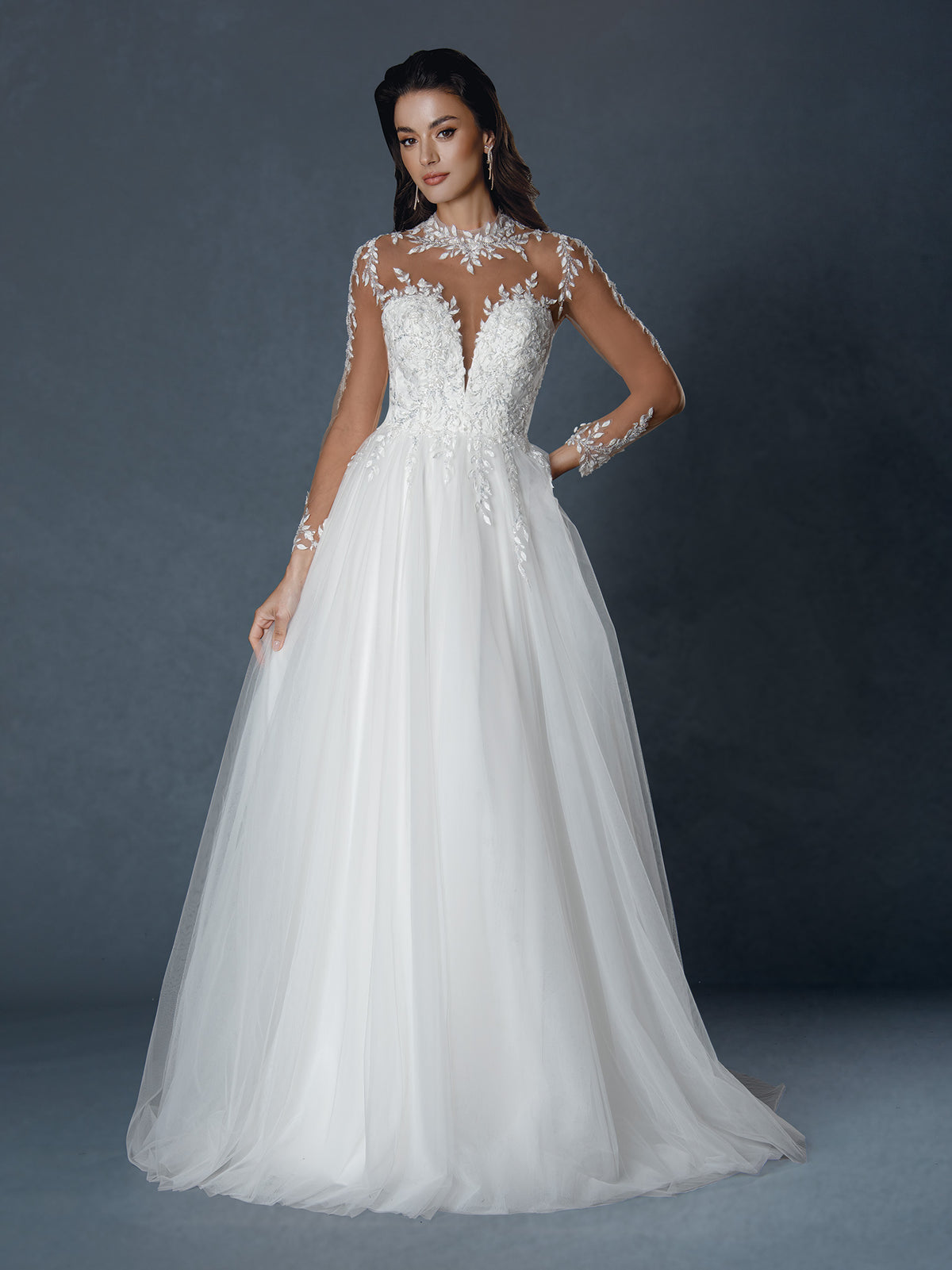 Wedding Dresses Long Sleeve A Line Lace Wedding Dress Off White-Tulle-25513-Lace