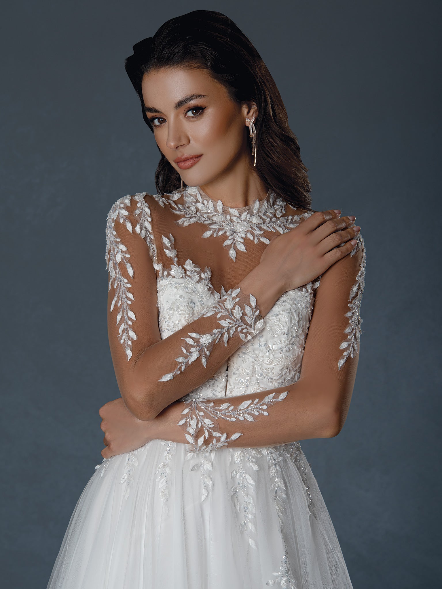 Wedding Dresses Long Sleeve A Line Lace Wedding Dress Off White-Tulle-25513-Lace