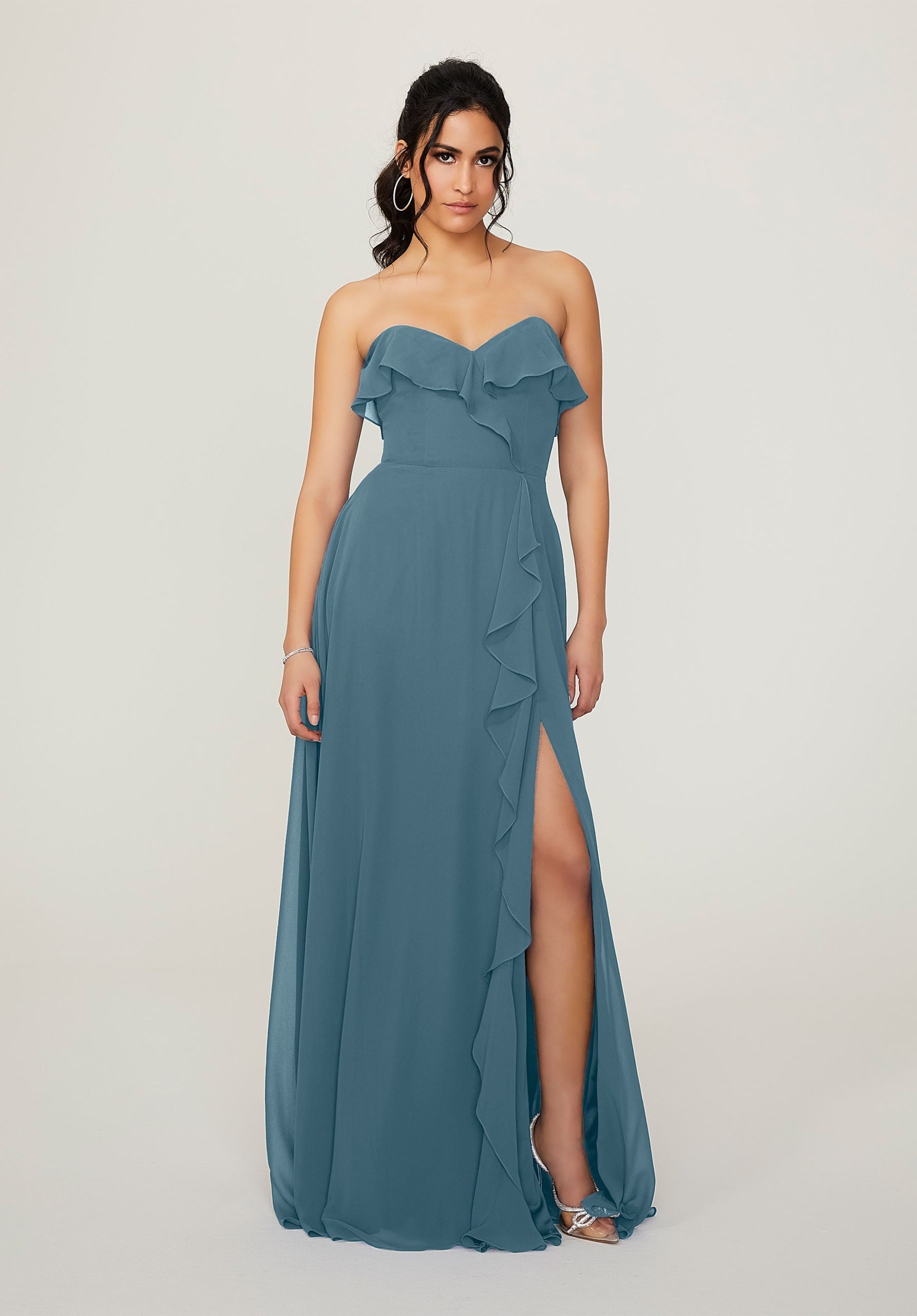 Formal Dresses Long Formal Ruffle Slit Dress MGNY Madeline Gardner New York 21782 Slate