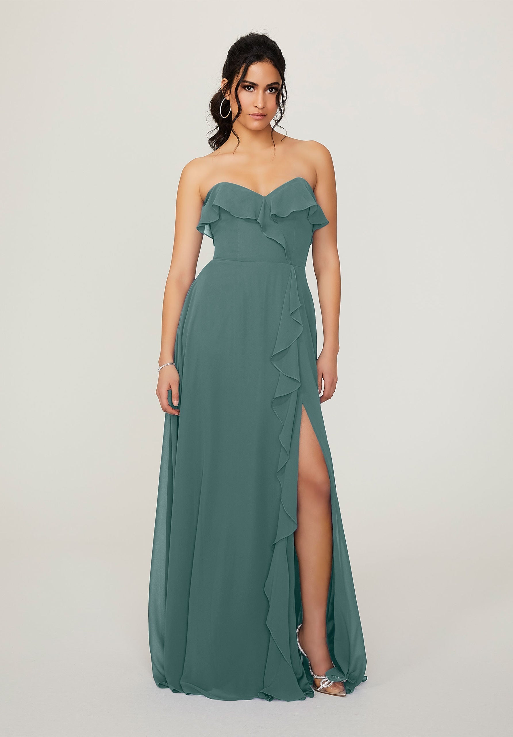 Formal Dresses Ruffle Long Slit Formal Dress MGNY Madeline Gardner New York 21782 Deep Sea