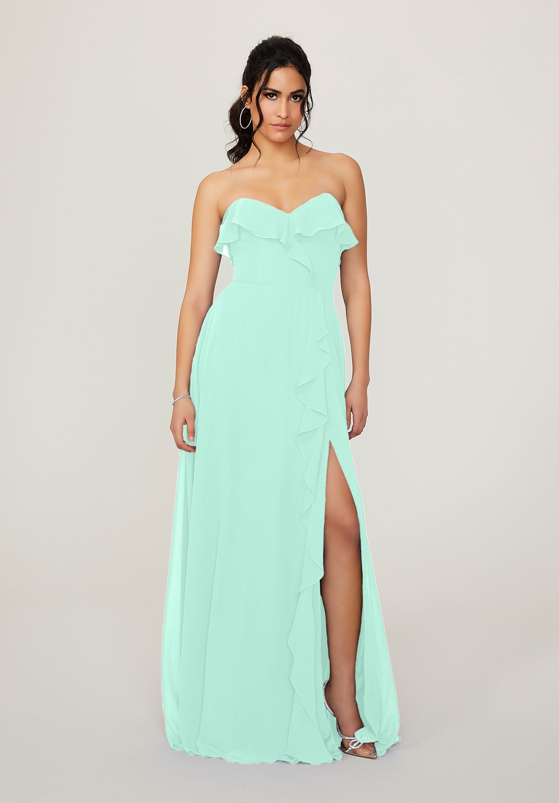 Formal Dresses Ruffle Long Slit Formal Dress MGNY Madeline Gardner New York 21782 Mint