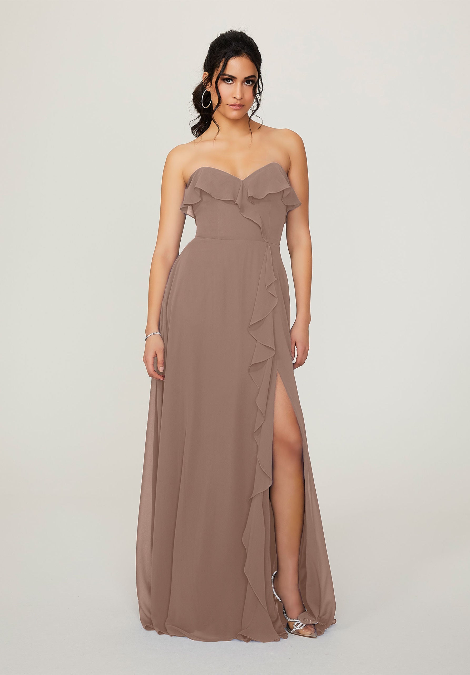 Formal Dresses Slit Long Ruffle Formal Dress MGNY Madeline Gardner New York 21782 Fawn