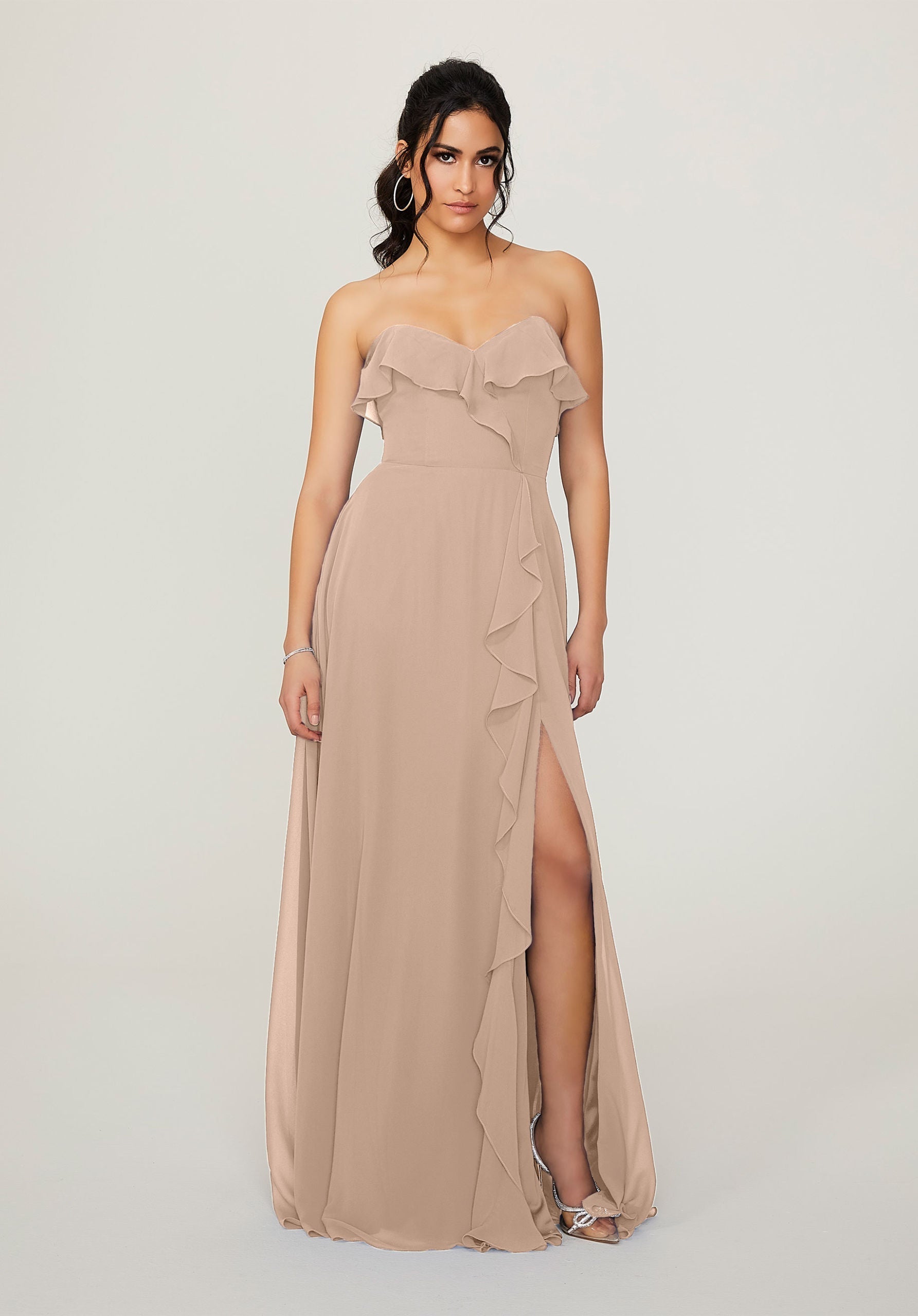 Formal Dresses Long Ruffle Slit Formal Dress MGNY Madeline Gardner New York 21782 Latte