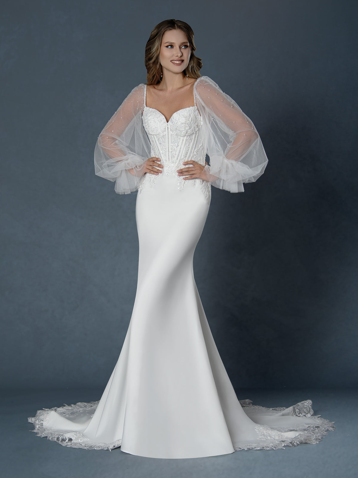 Wedding Dresses Long Lace Beaded Mermaid Wedding Dress Off White-Satin-25512-Train