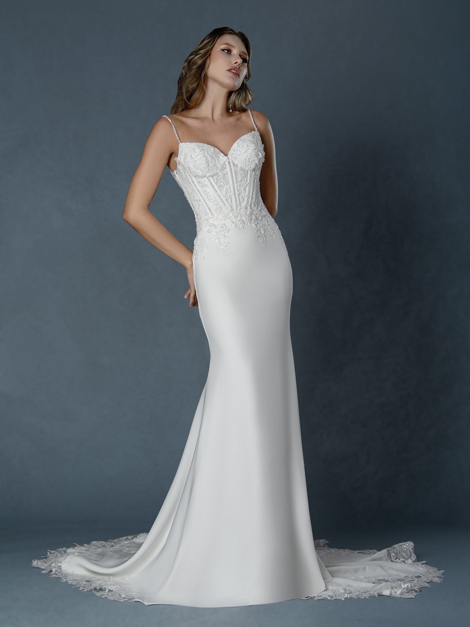 Wedding Dresses Long Lace Beaded Mermaid Wedding Dress Off White-Satin-25512-Train