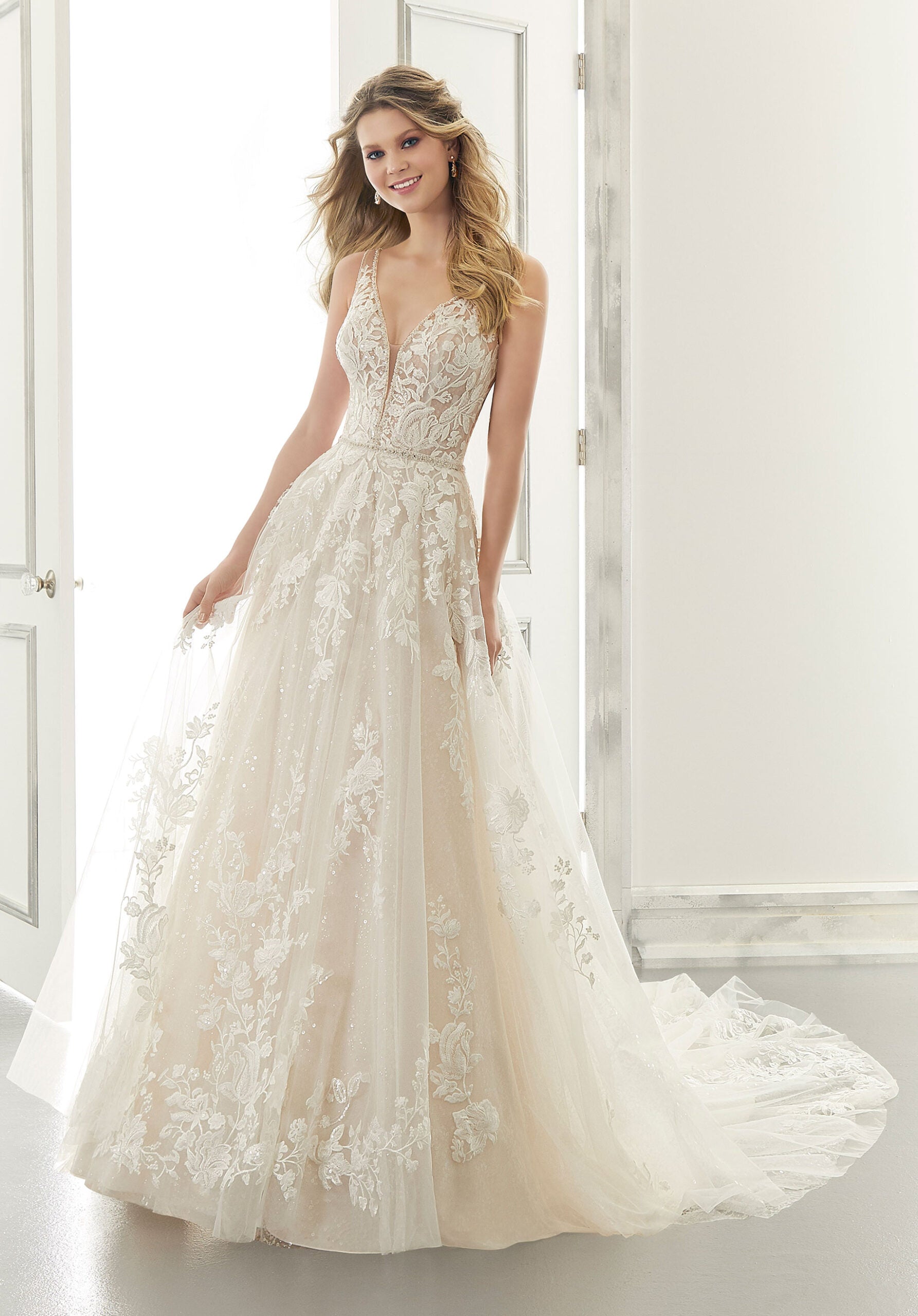 Wedding Dresses Long A Line Sequin Bridal Wedding Dress MGNY Madeline Gardner New York 2179 Ivory/Creme/Honey
