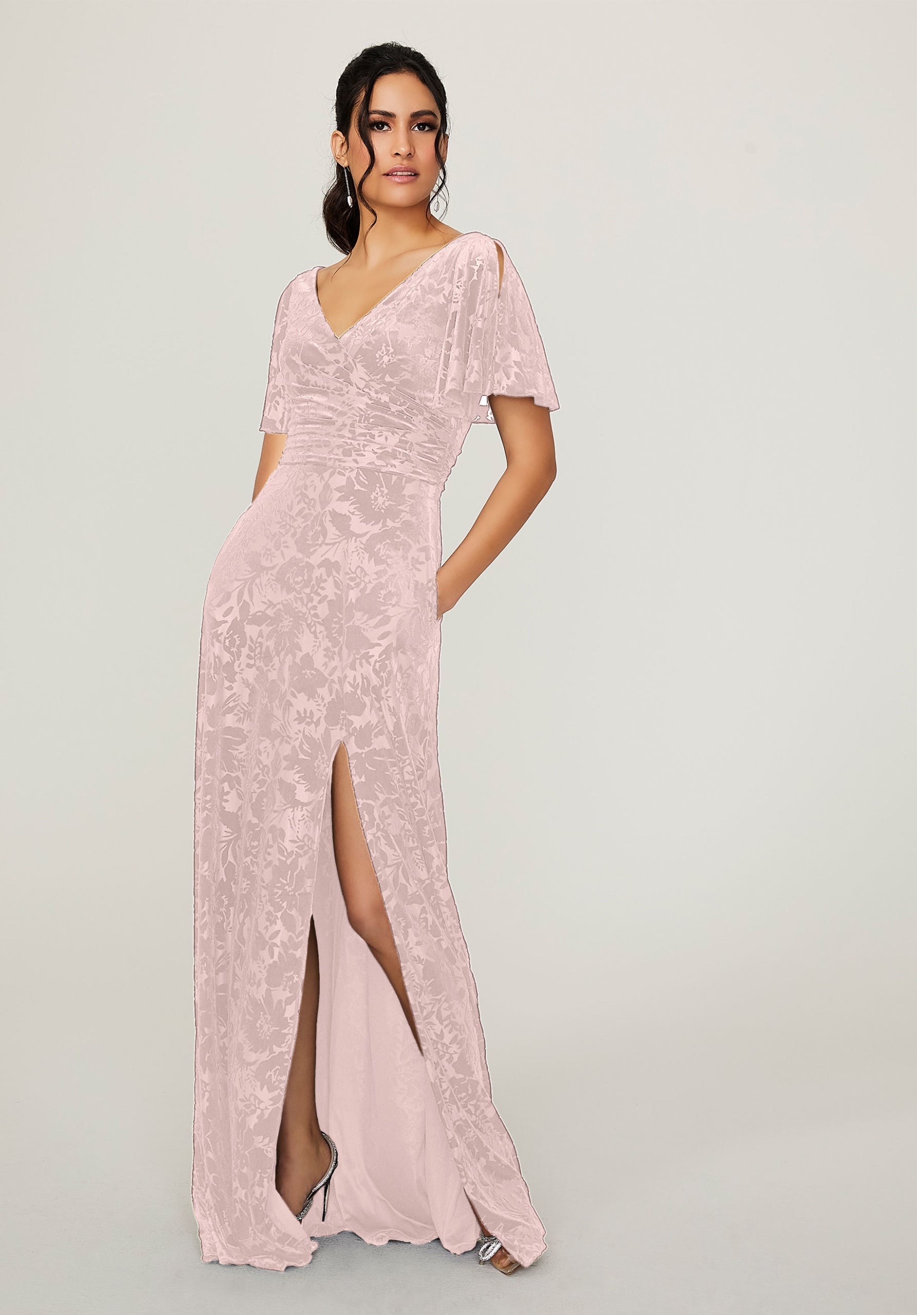 Formal Dresses Velvet Slit Floral Long Formal Dress MGNY Madeline Gardner New York 21790 Blush