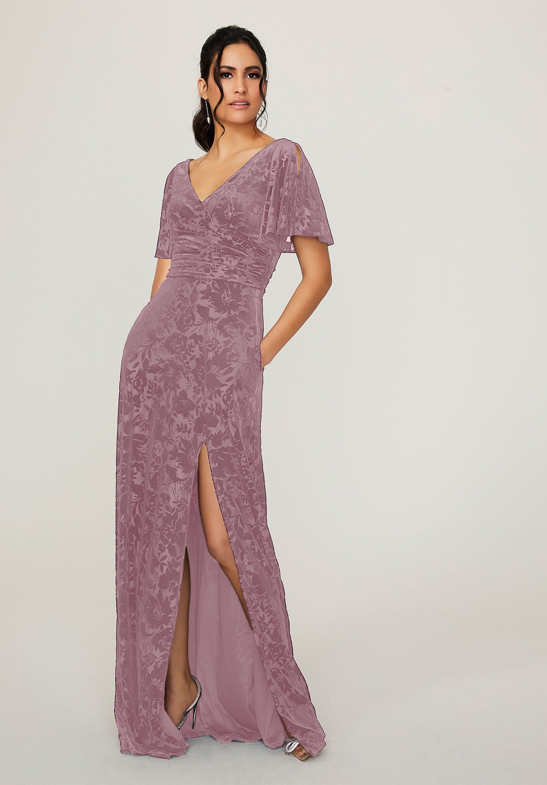 Formal Dresses Velvet Slit Floral Long Formal Dress MGNY Madeline Gardner New York 21790 Desert Rose