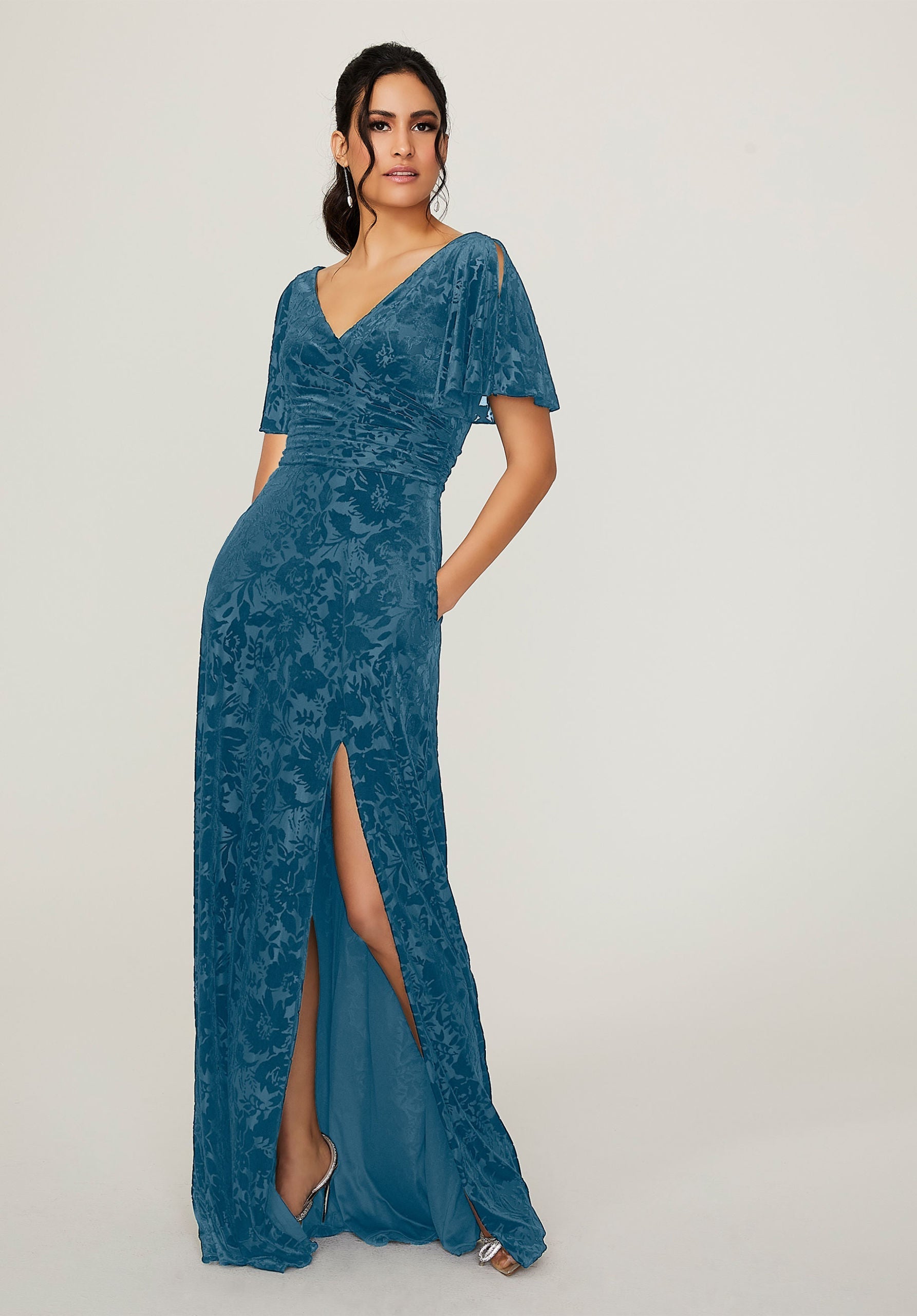 Formal Dresses Velvet Slit Floral Long Formal Dress MGNY Madeline Gardner New York 21790 Slate