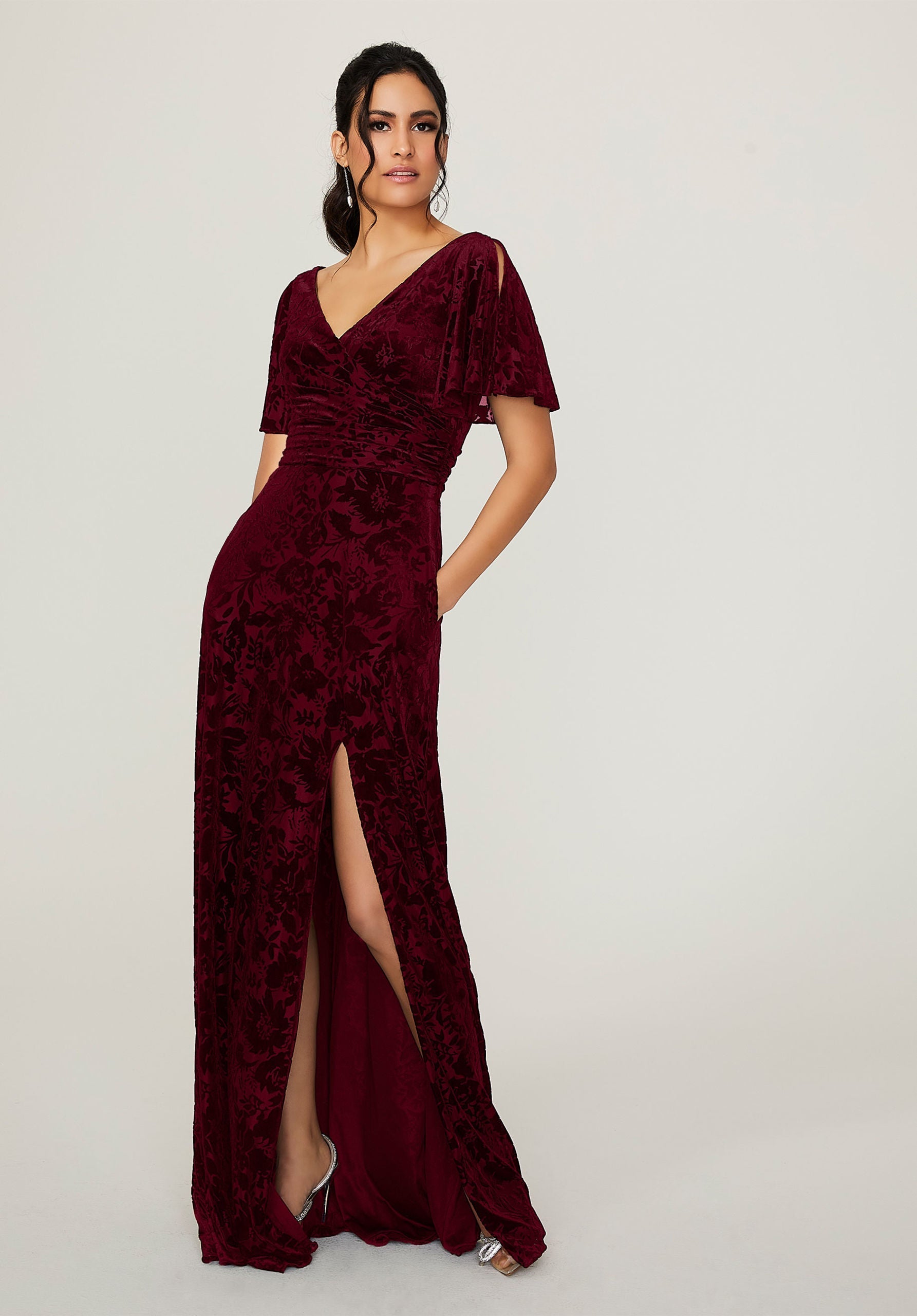 Formal Dresses Velvet Slit Floral Long Formal Dress MGNY Madeline Gardner New York 21790 Bordeaux