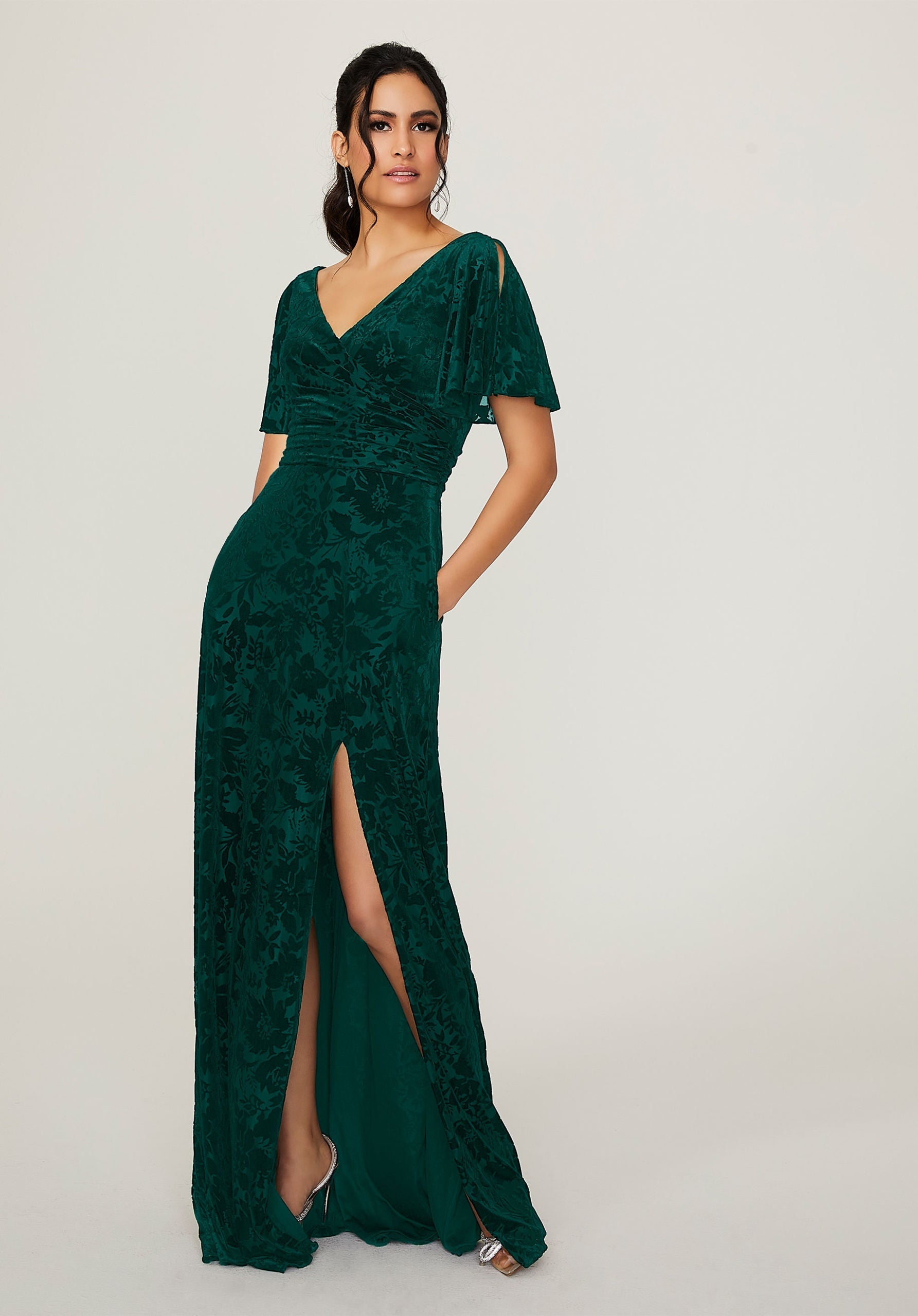 Formal Dresses Velvet Slit Floral Long Formal Dress MGNY Madeline Gardner New York 21790 Emerald