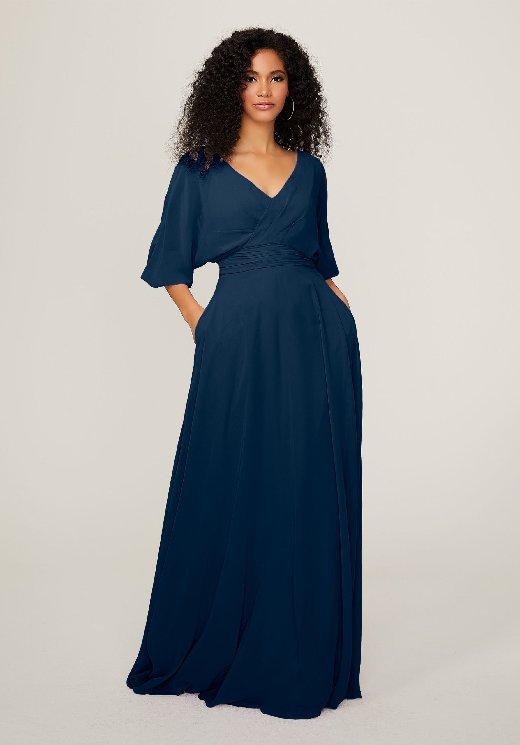 Formal Dresses Pleated Long Formal A Line Dress MGNY Madeline Gardner New York 21792 Navy