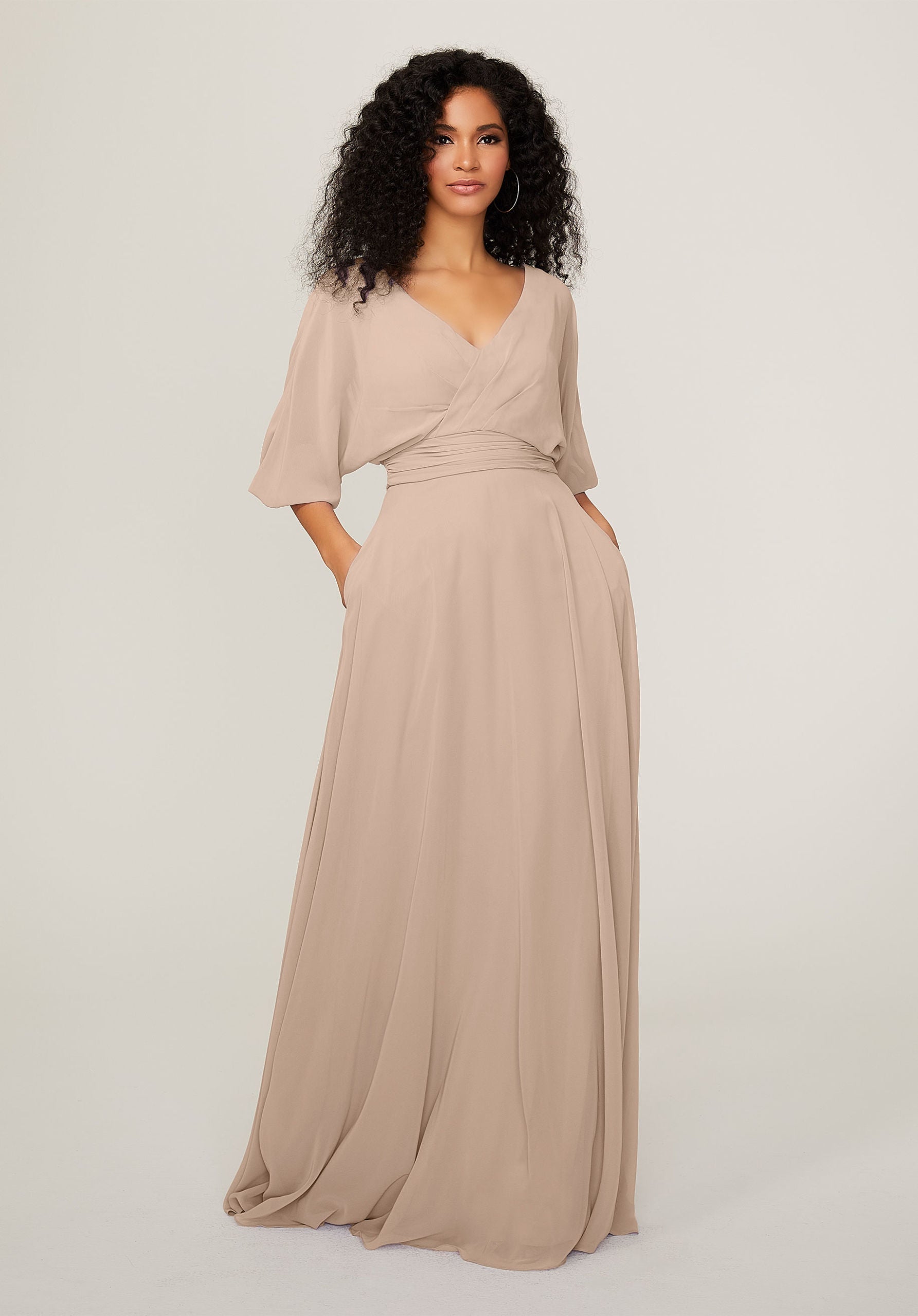 Formal Dresses Long Formal A Line Pleated Dress MGNY Madeline Gardner New York 21792 Latte