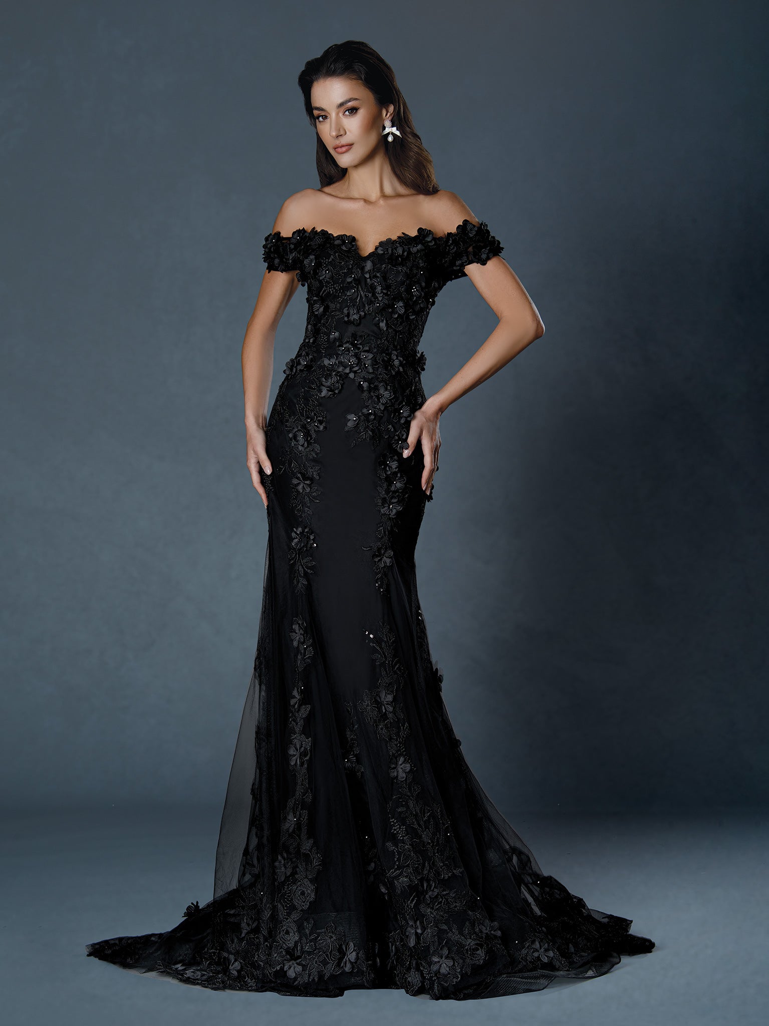 Formal Dresses Long Floral Lace Prom Formal Dress Stella Couture 25511 Black