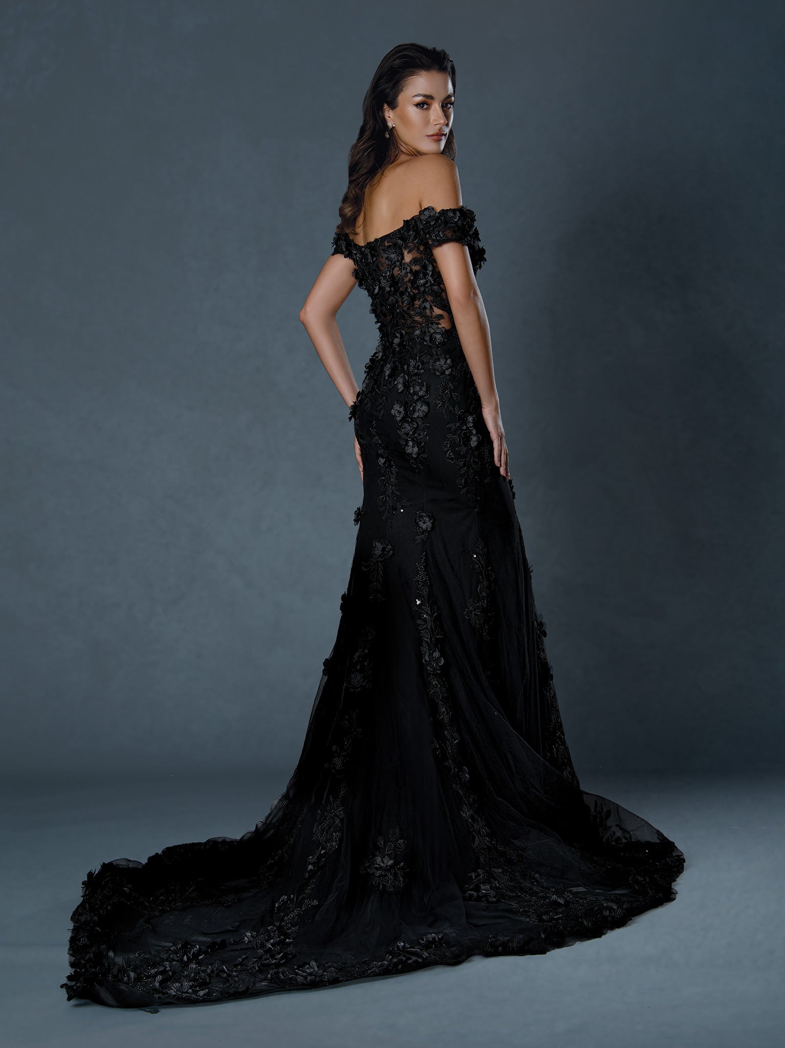 Formal Dresses Long Floral Lace Prom Formal Dress Stella Couture 25511 Black