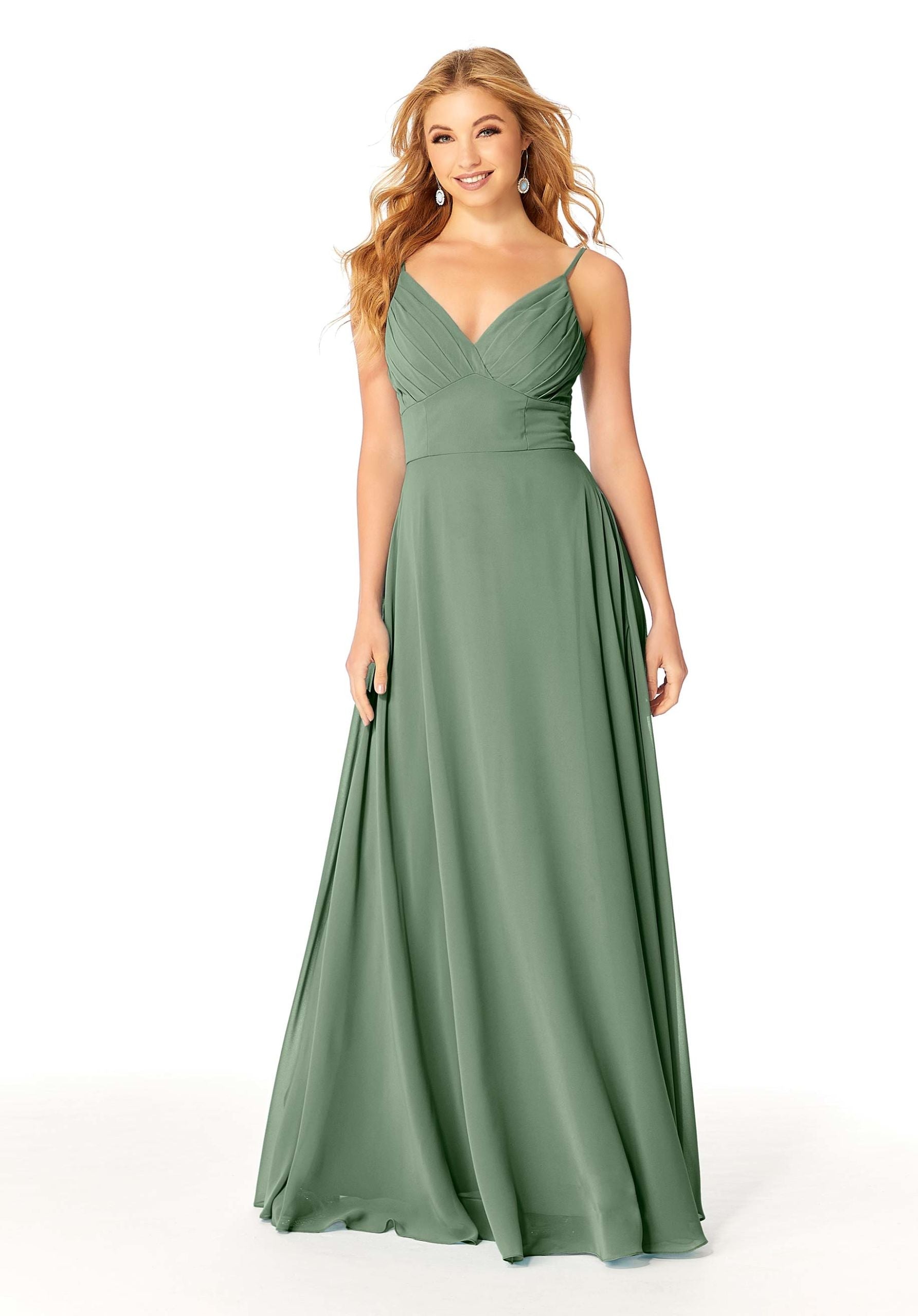 Formal Dresses Long Evening Formal Pleated A Line Dress MGNY Madeline Gardner New York 21807 Moss