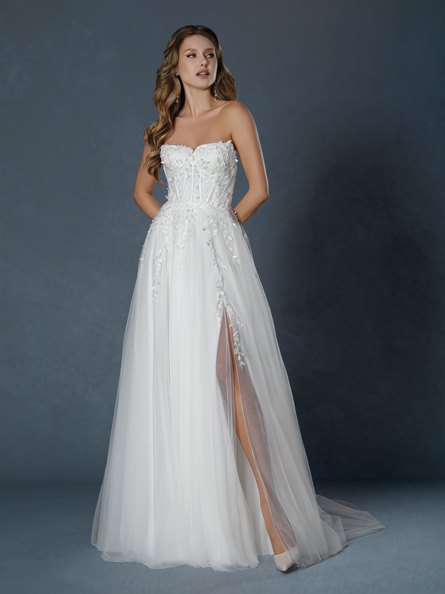 Wedding Dresses Lace Applique Slit Long Bridal Gown Off White-Tulle-25510-Lace