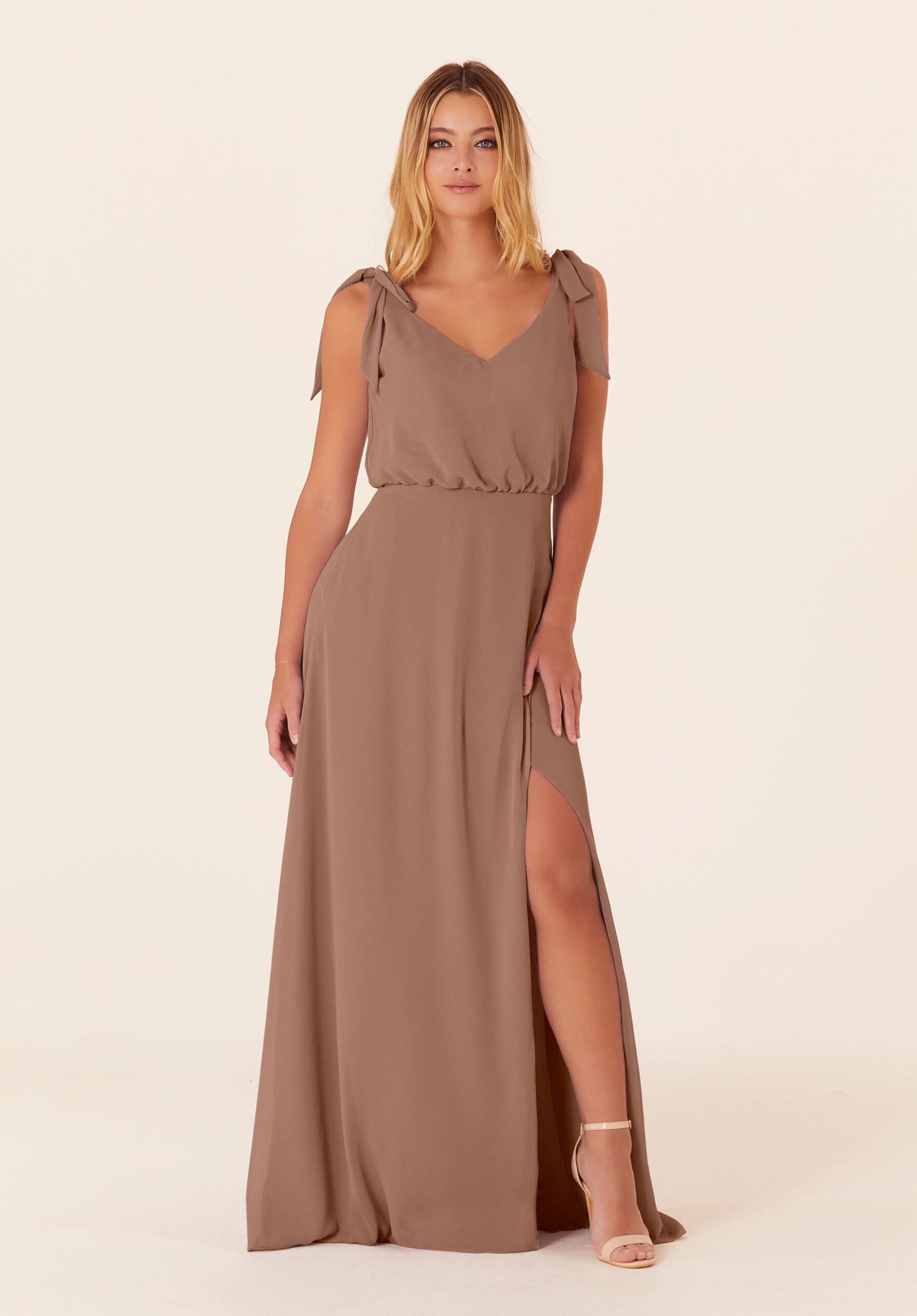 Formal Dresses Evening Slit Long Formal A Line Dress MGNY Madeline Gardner New York 21824 Fawn