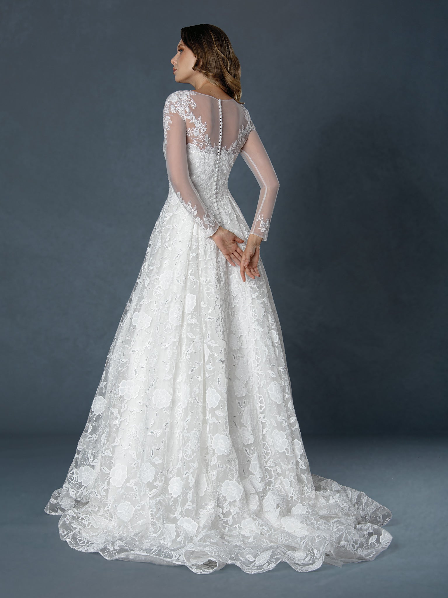 Wedding Dresses Long Sleeve Lace Bridal Long Wedding Dress Off White-Tulle-25508-A Line