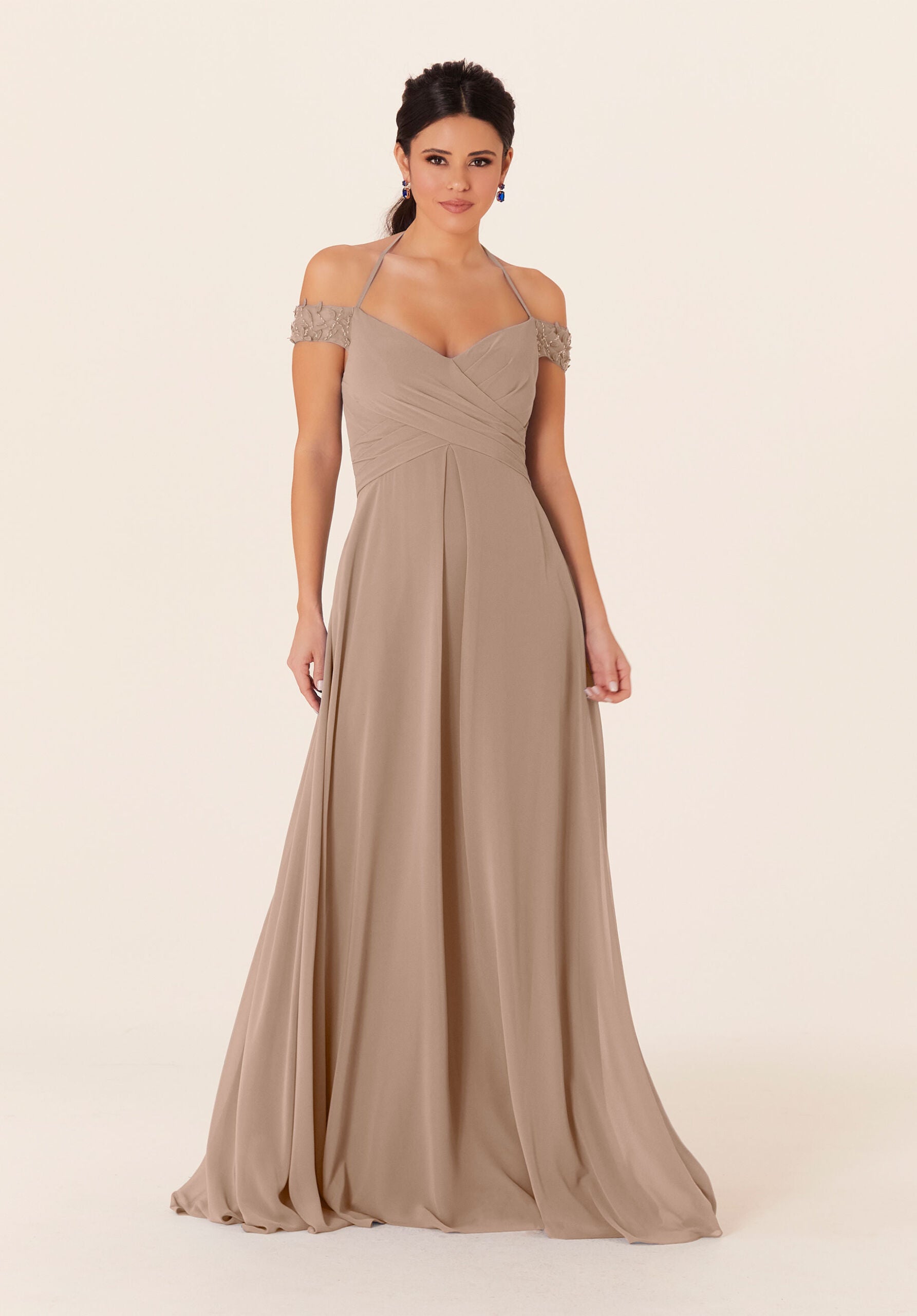 Formal Dresses Long Formal A Line Lace Dress MGNY Madeline Gardner New York 21833 Latte
