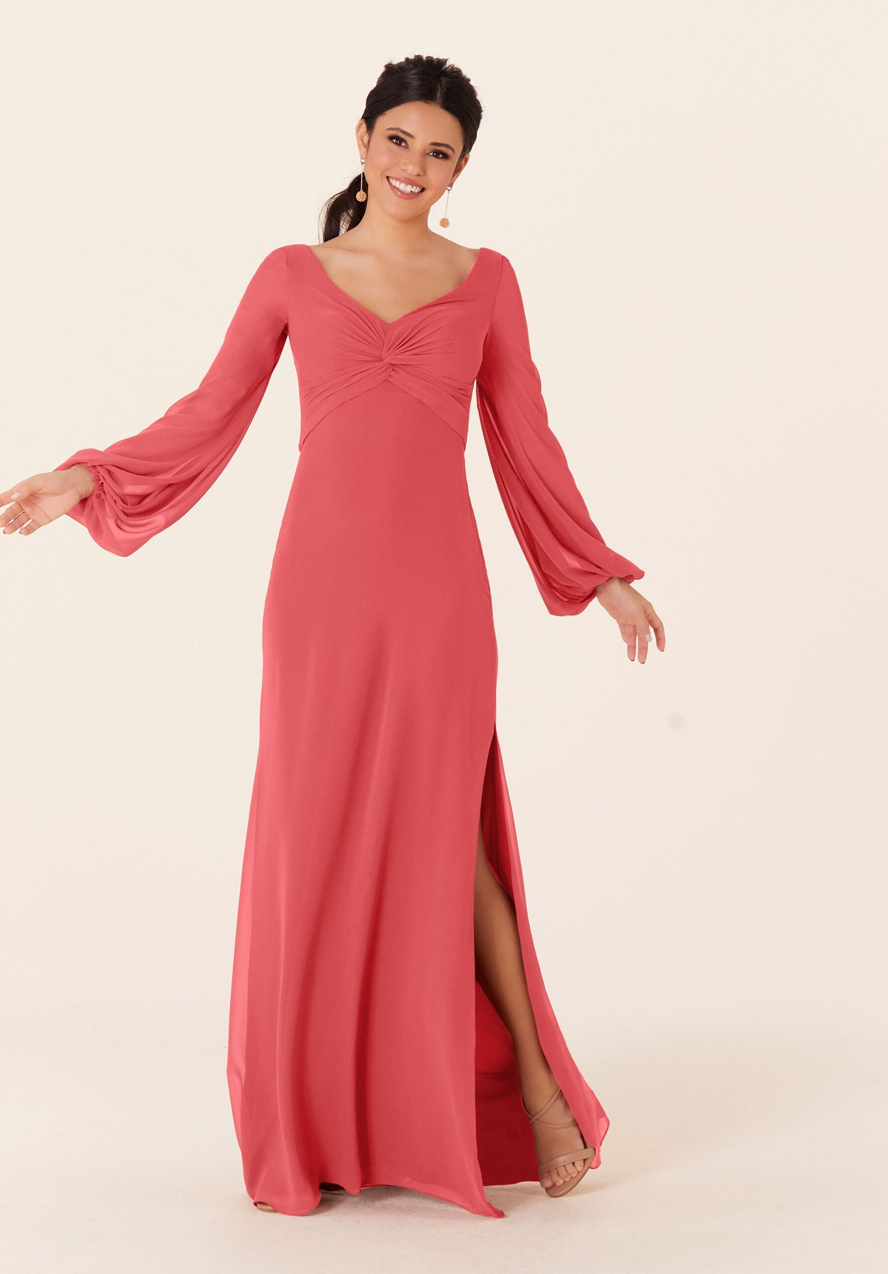 Mother of the Bride Dresses Slit Formal Long Sleeve Dress MGNY Madeline Gardner New York 21837 Cantaloupe