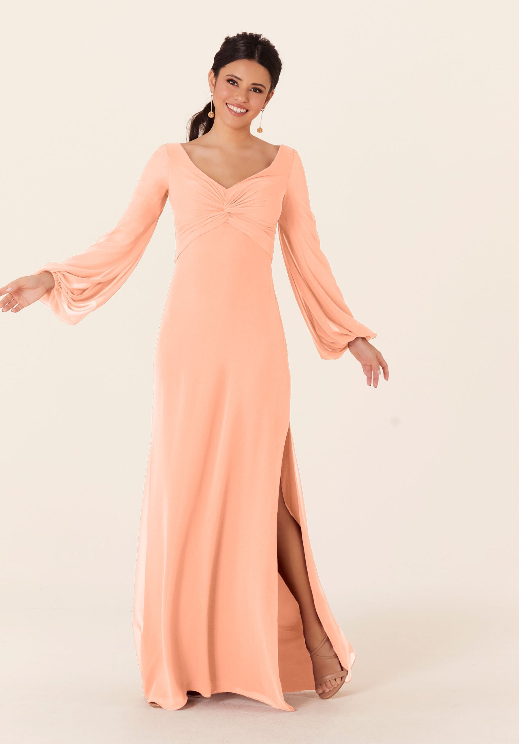 Mother of the Bride Dresses Slit Formal Long Sleeve Dress MGNY Madeline Gardner New York 21837 Peach