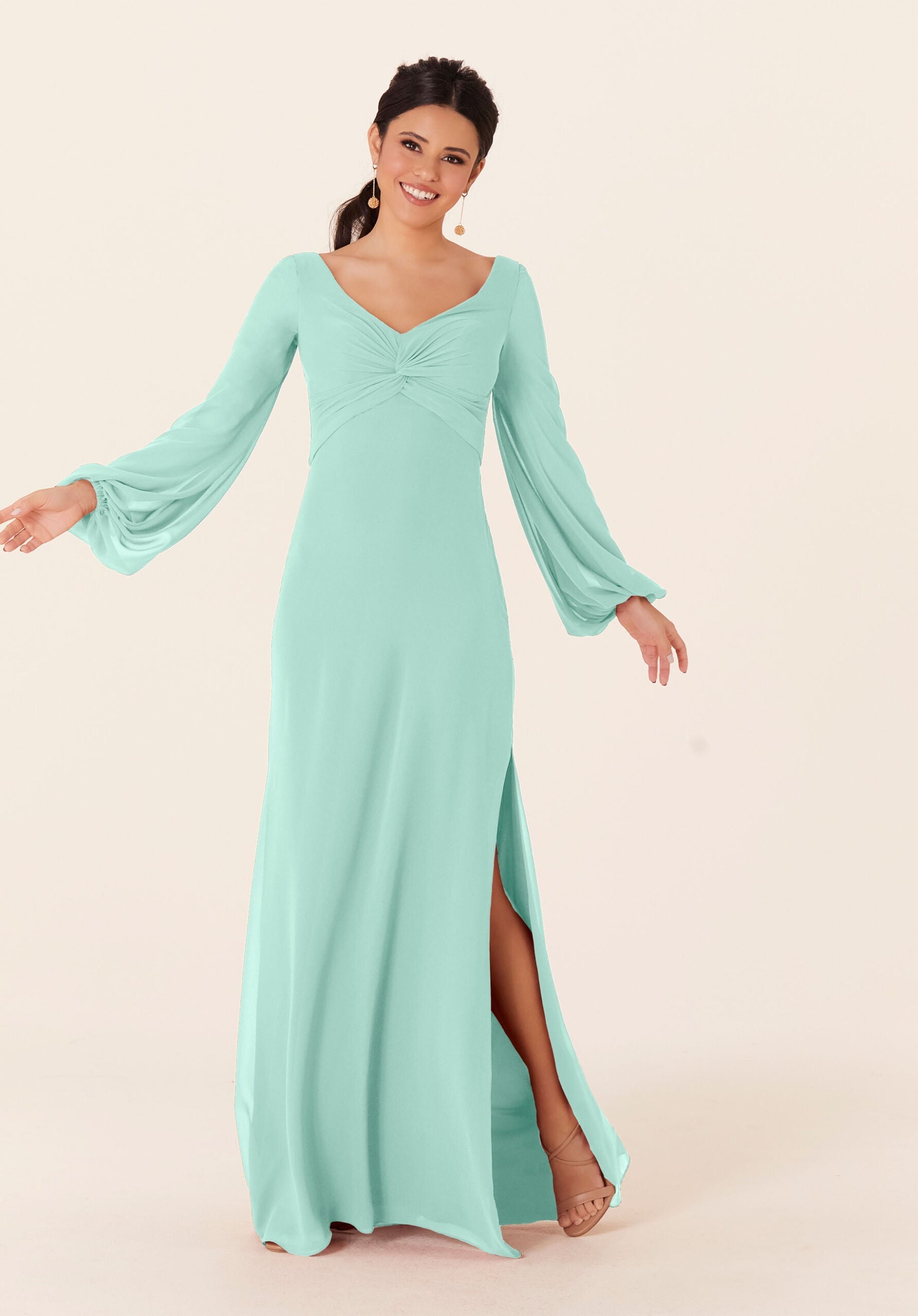 Mother of the Bride Dresses Long Sleeve Formal Slit Dress MGNY Madeline Gardner New York 21837 Mint