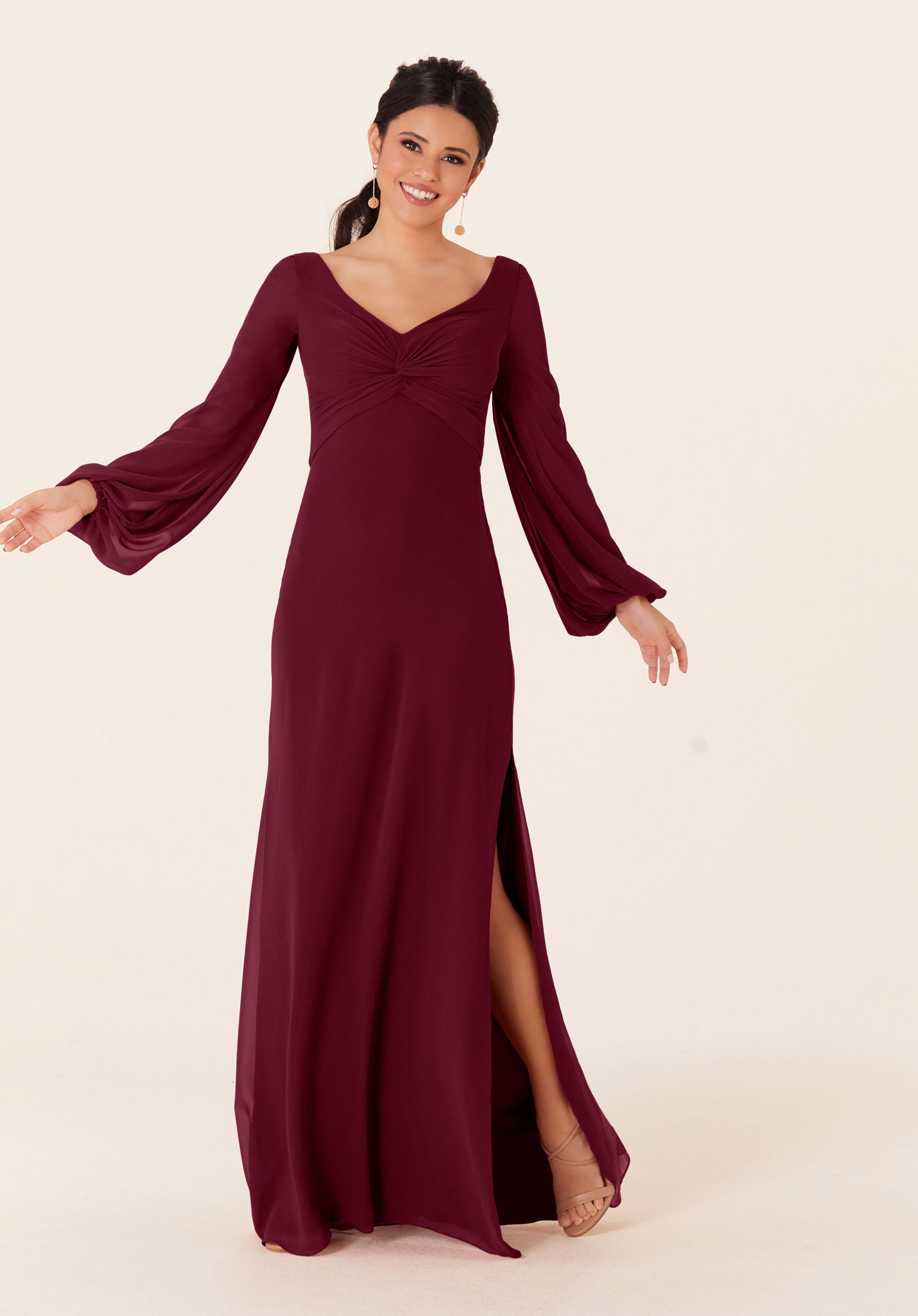 Mother of the Bride Dresses Formal Slit Long Sleeve Dress MGNY Madeline Gardner New York 21837 Bordeaux