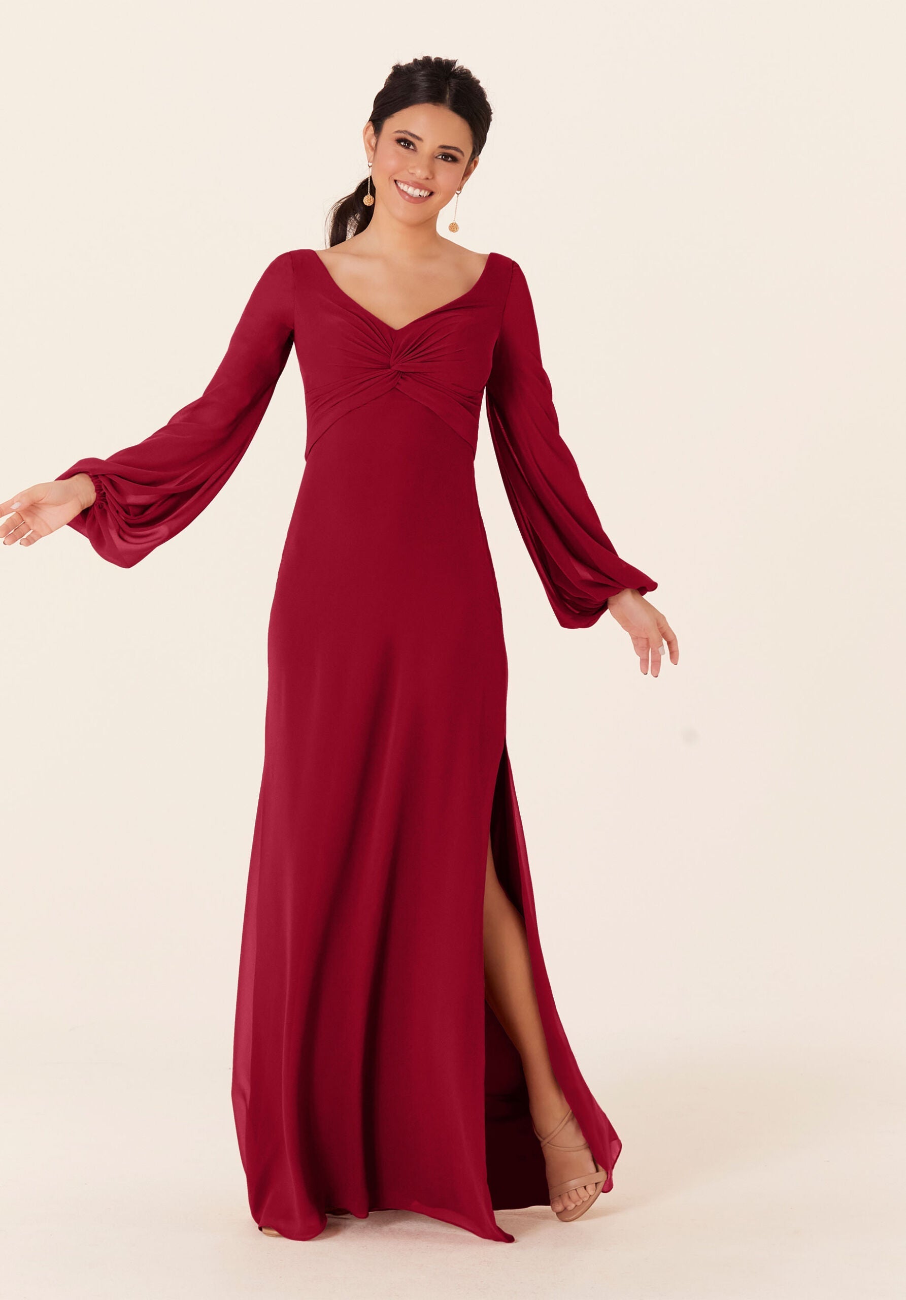 Mother of the Bride Dresses Long Sleeve Formal Slit Dress MGNY Madeline Gardner New York 21837 Claret