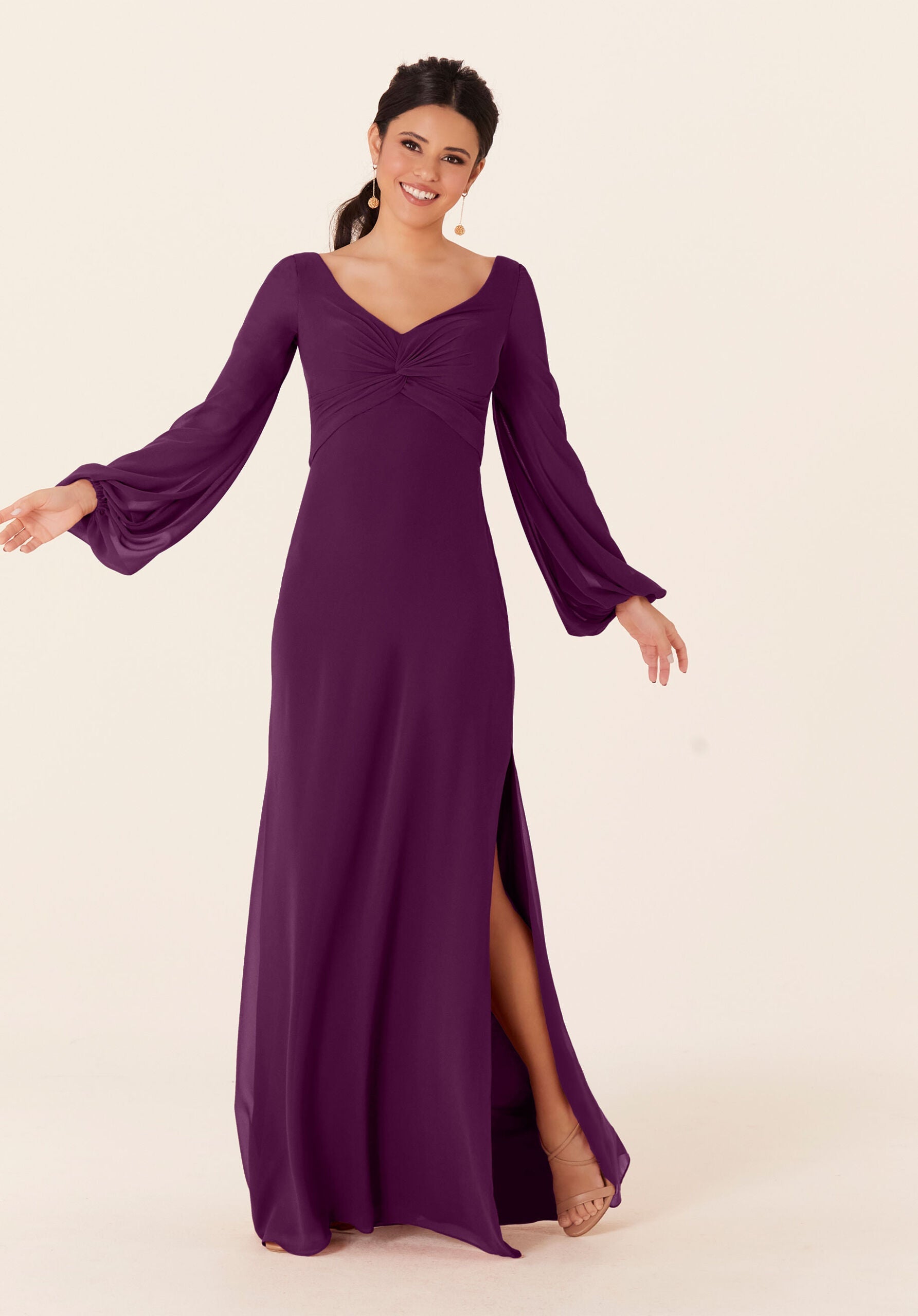 Mother of the Bride Dresses Formal Slit Long Sleeve Dress MGNY Madeline Gardner New York 21837 Eggplant