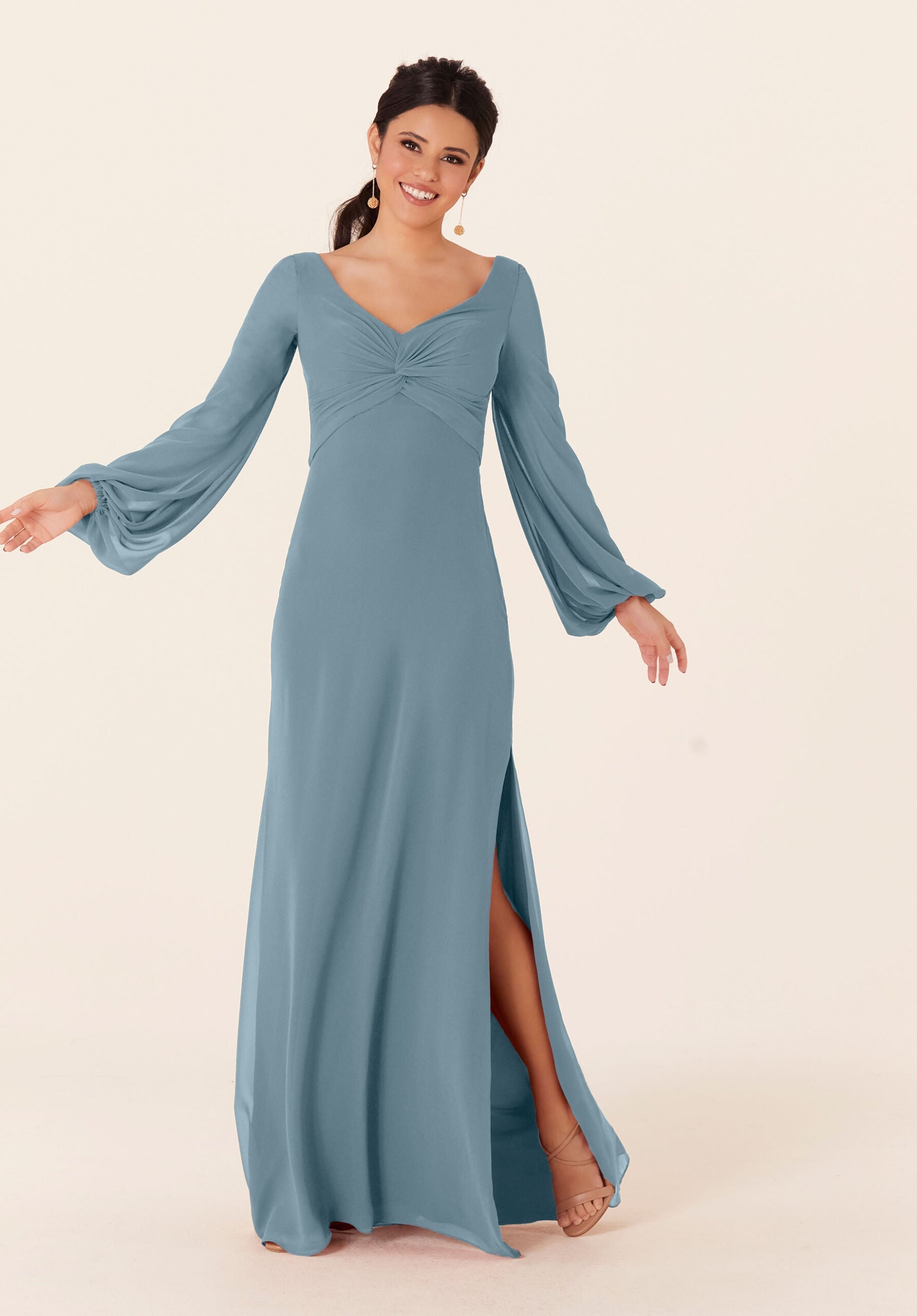 Mother of the Bride Dresses Long Sleeve Formal Slit Dress MGNY Madeline Gardner New York 21837 Slate