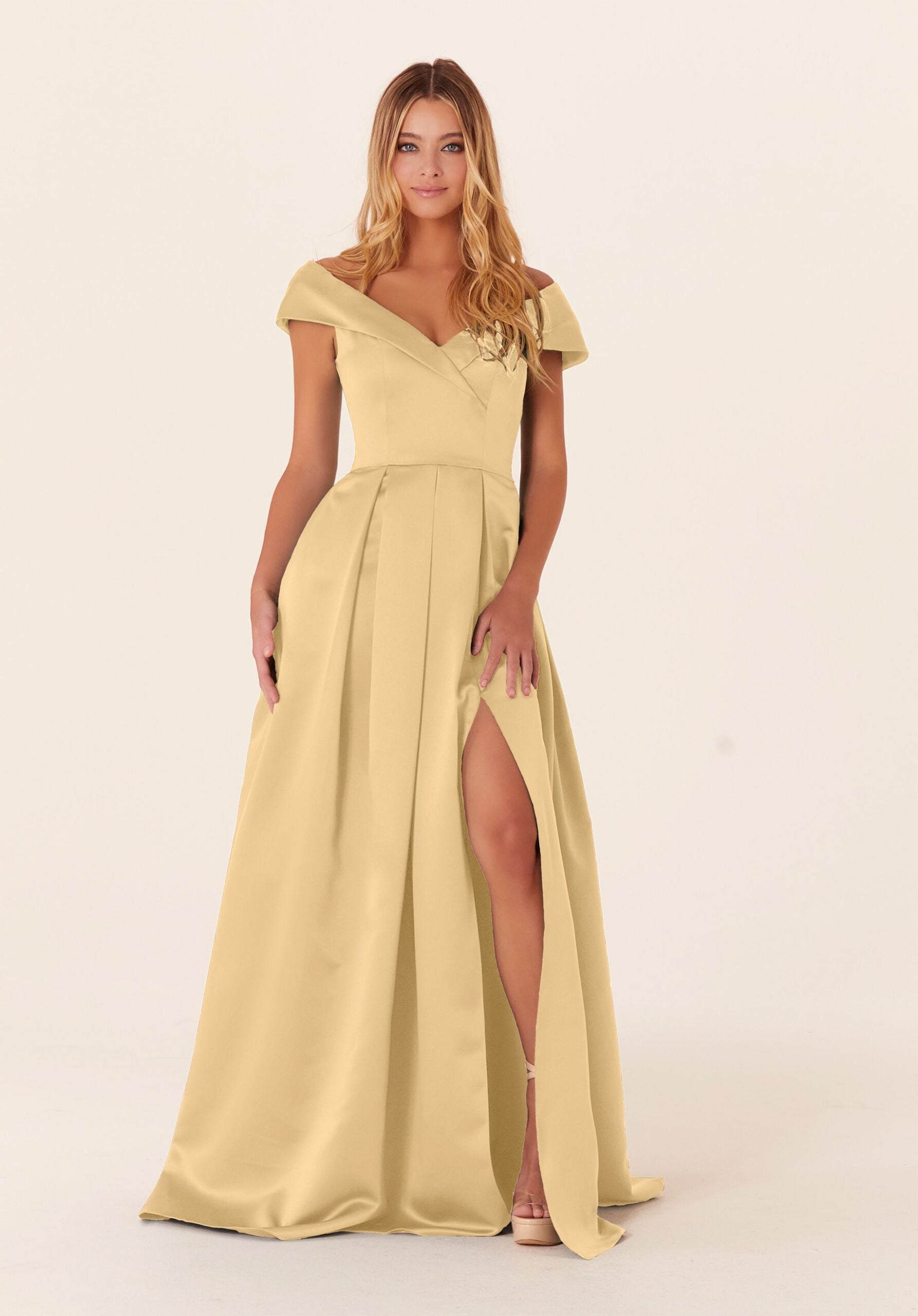 Formal Dresses Long Formal A Line Pleated Dress MGNY Madeline Gardner New York 21838 Buttercup