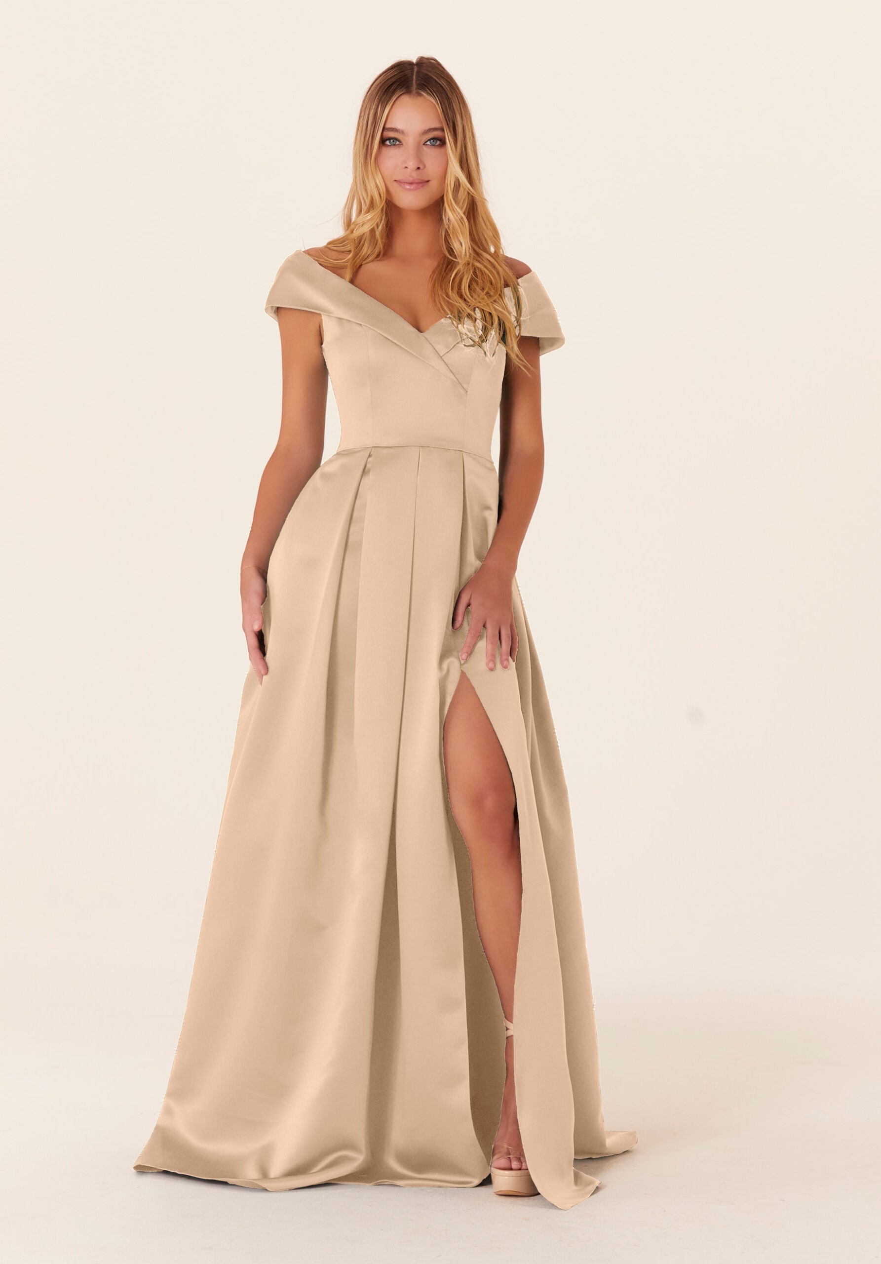 Formal Dresses Long Formal A Line Pleated Dress MGNY Madeline Gardner New York 21838 Champagne